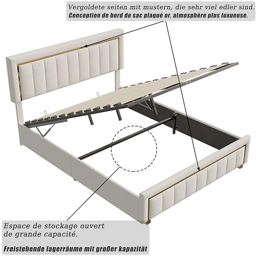 Storage Bed 160 x 200 cm with Quilted Headboard, Double Beds with Hydraulic and Slatted Base, White Velvet Frame with Gold Edges, for Teens and Adults, Beige - 4