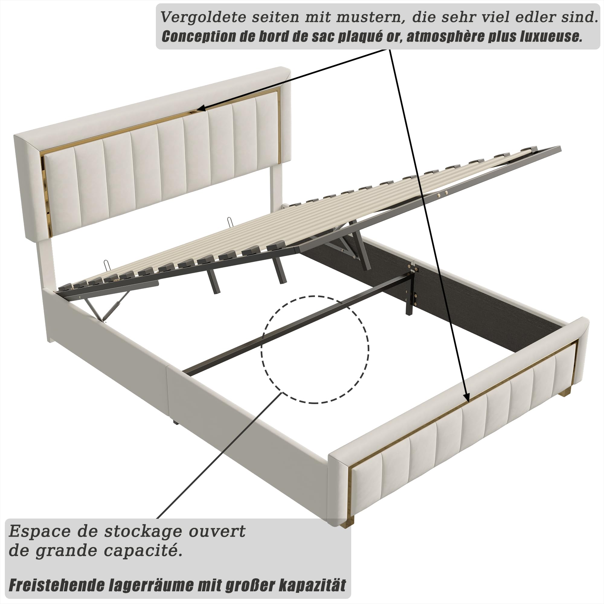 Cama tapizada de 160x200 cm, cabecero de Terciopelo Beige con Ribete Dorado, Cama de Matrimonio con canapé, Apta para Adultos y Adolescentes, colchón no Incluido