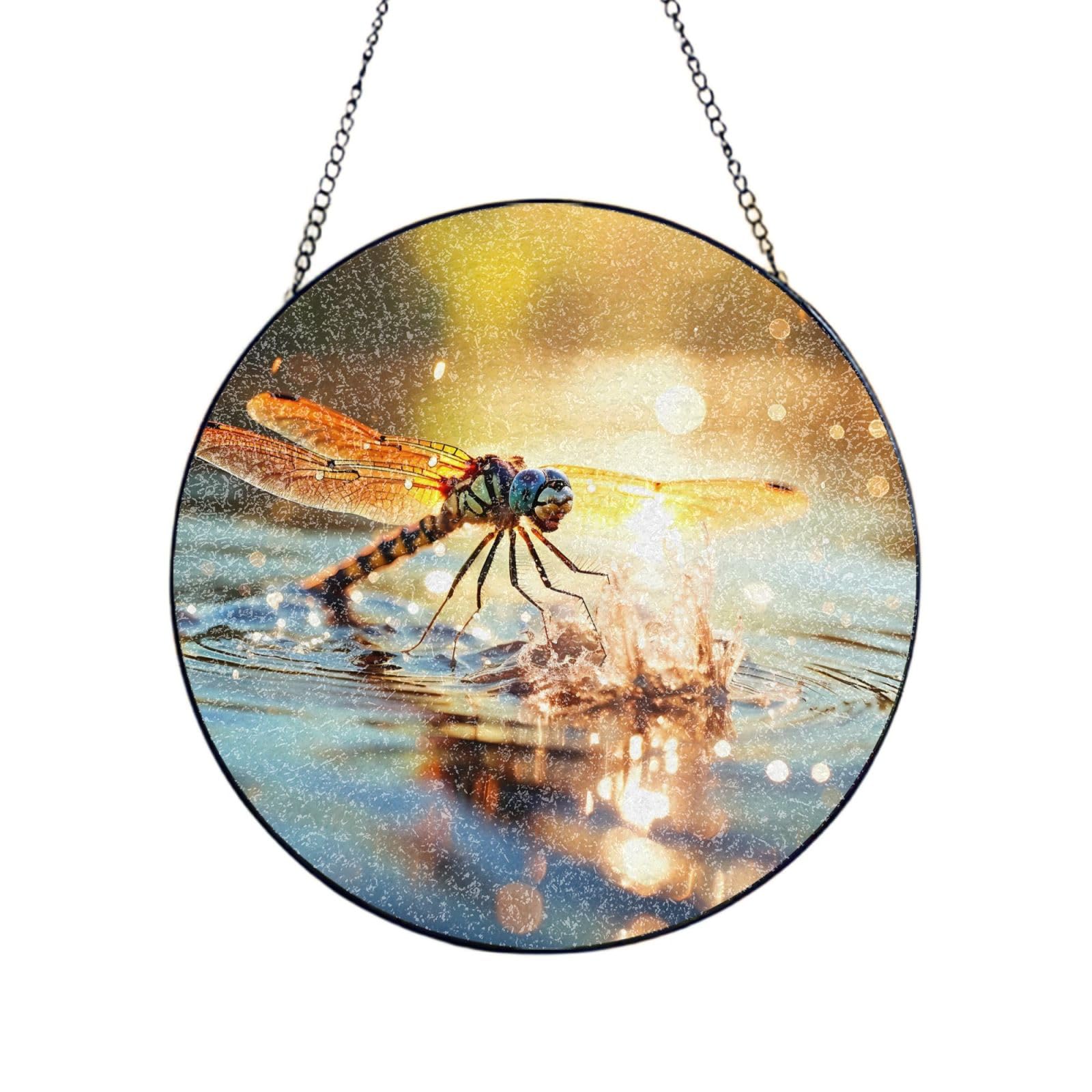 Phayah Dragonfly Print Stained Glass Window Hanging Sun Catchers Decoration Mother'S Day Birthday Gifts For Home Garden Porch 10in（25cm）