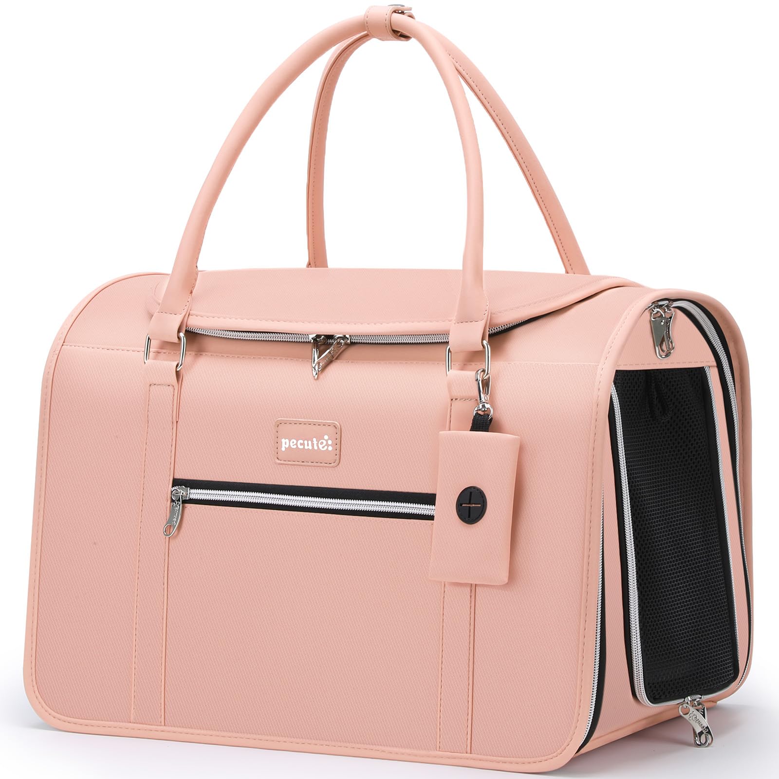 Pecute Transportin Gato, Bolso de Transporte de Gatos de Moda < 6 kg, Tela PU y Hardware con Cuerda de Seguridad Incorporada, Plegable y Portátil para Viajar