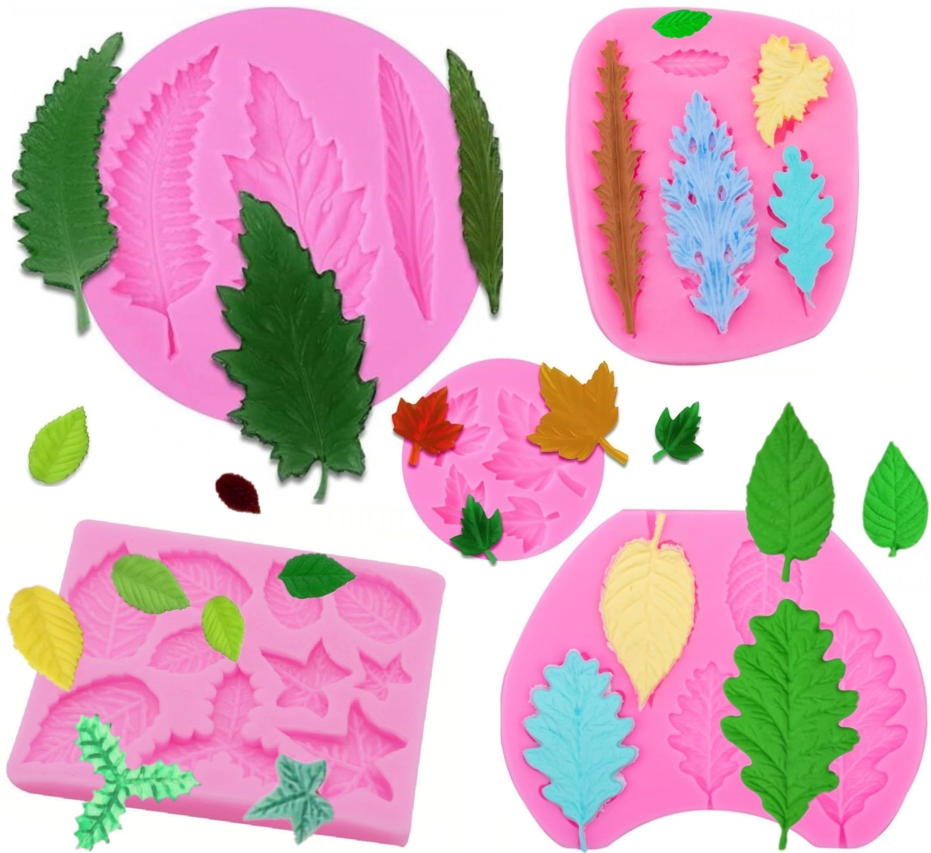 Leaf Silicone Mold Maple Leaf Fondant Mold Rose Leaf Molds Fern Leaves Chocolate Molds for Cake Decoration Candy Cupcake Topper Polymer Clay Gum Paste 5Pcs
