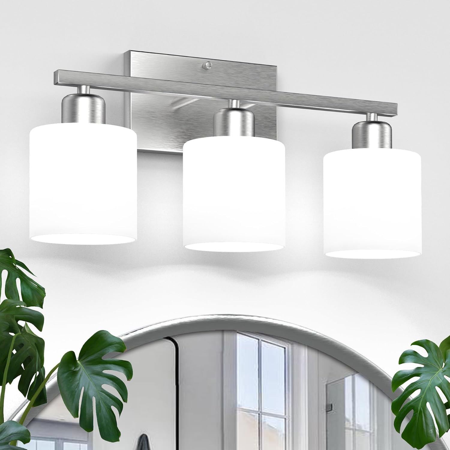 Bathroom Light Fixtures Over Mirror Brushed Nickel, Rustproof 3-Light Bathroom Vanity Lights, 18 Inches Modern Wall Sconces E26 Base, Milky White Glass Shades, Bulbs Not Included