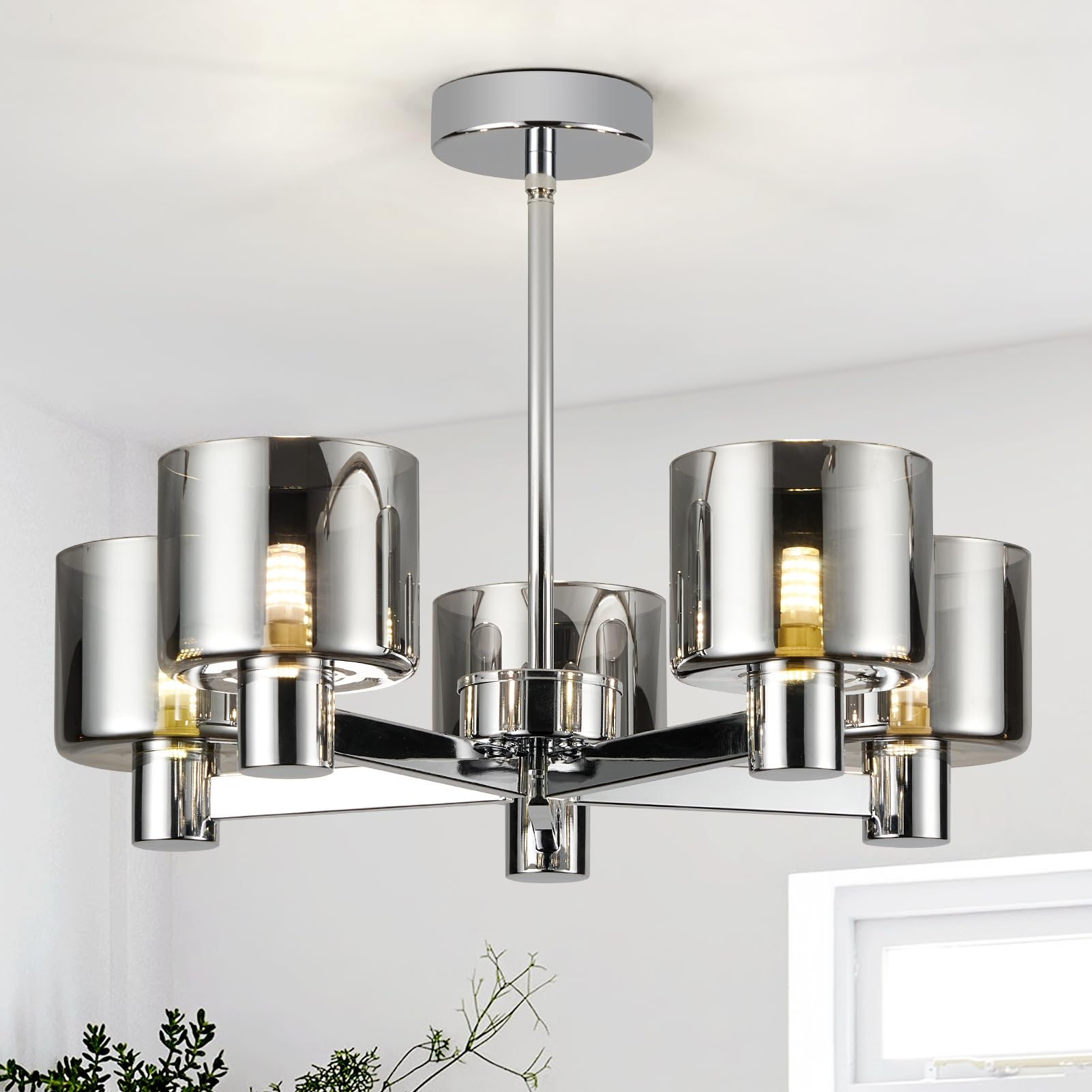 Harper Living Silver Modern 5 Light Chrome Semi Flush Ceiling Lamp With Smoked Glass Shades In