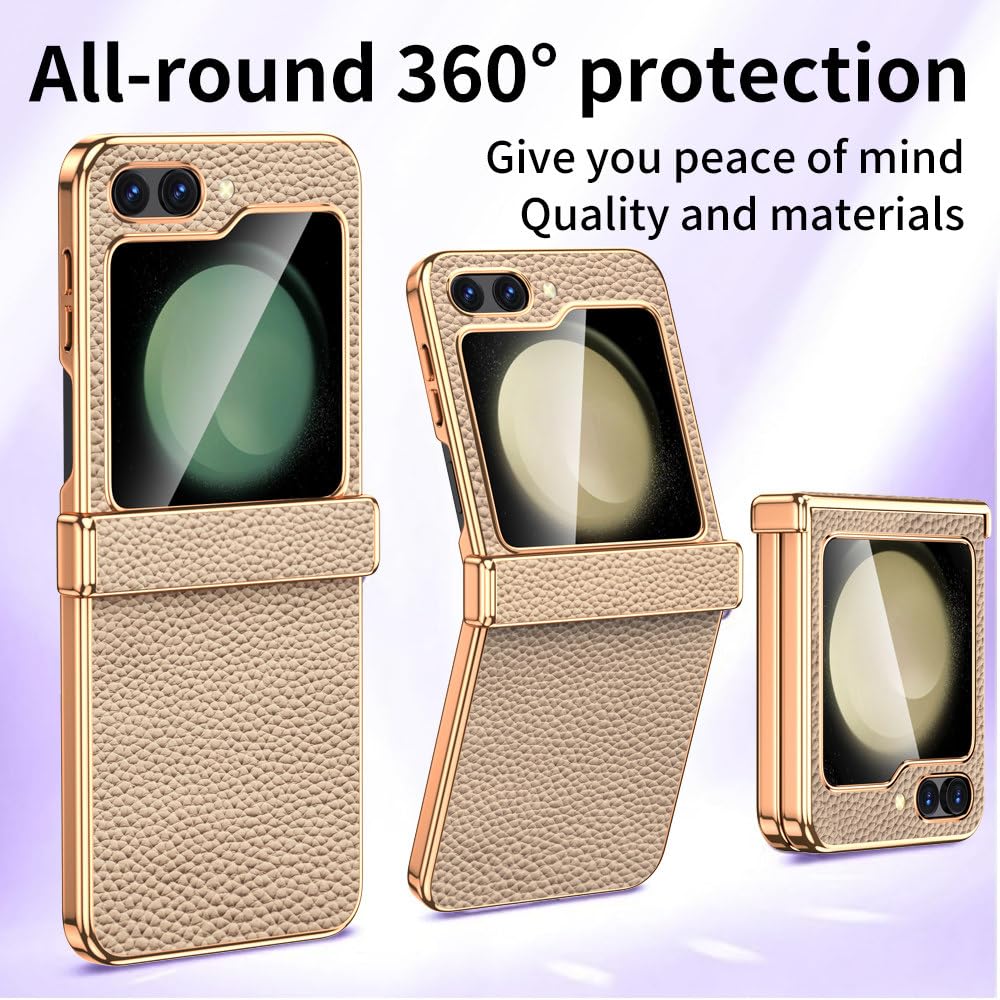 Funda de Cuero para teléfono Samsung Galaxy Z Flip5 Flip 5 ZFlip5, Cubierta Protectora con bisagra y Vidrio Templado, Verde, para Galaxy Z Flip5