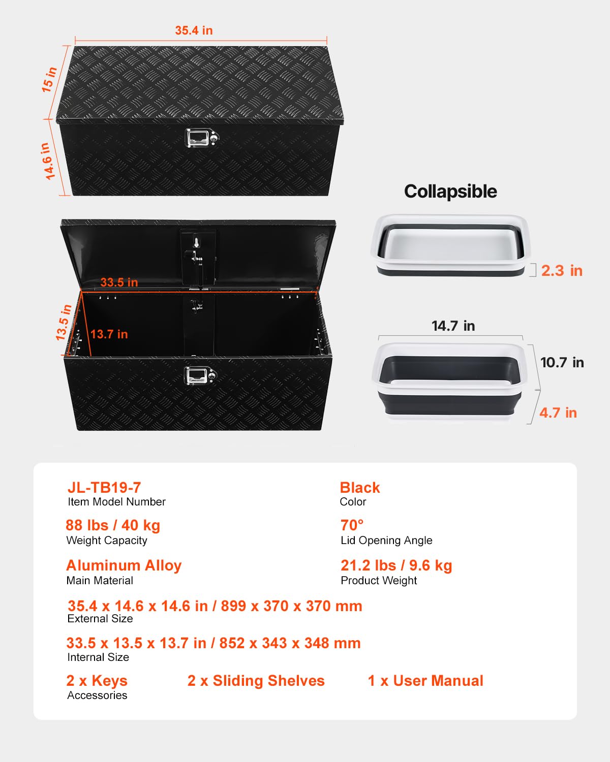 VEVOR Werkzeugkasten aus Aluminium für die Ladefläche, gestreifte Werkzeugkiste (899 x 370 x 370 mm) mit seitlichem Griff & ausziehbarem Regal, Aufbewahrungs-Organizer für Anhänger Schwarz