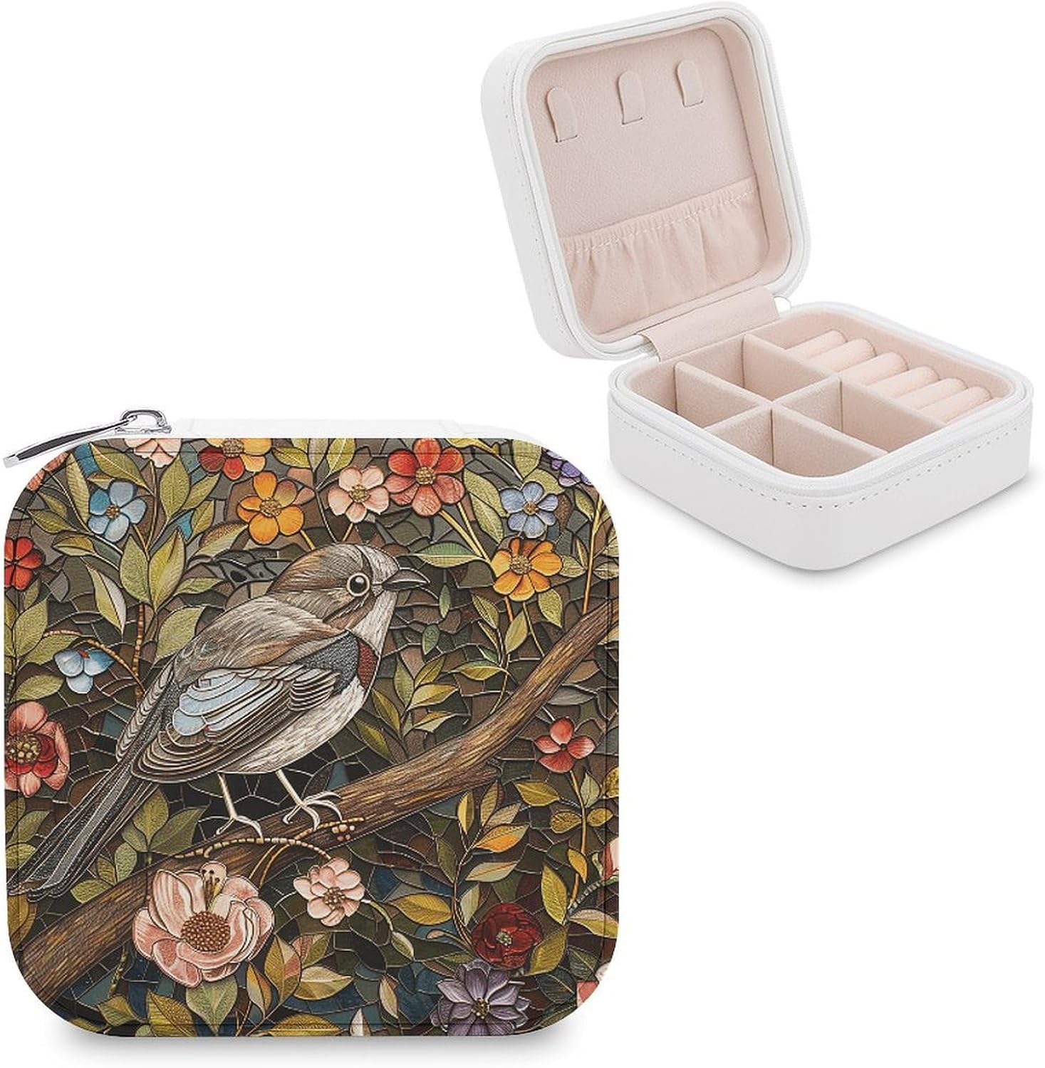 PU Leather Storage Box,Bird Perched on Branch Printed Portable Jewelry Box Mini Travel Storage Box Women's Jewelry Storage Rack for Necklace Earrings Bracelets Rings