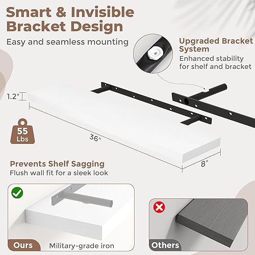 Miniatura 2 de Juego de 2 estantes flotantes de 36 pulgadas para pared, estantes de baño de grano de madera de 8 pulgadas de profundidad con soportes invisibles,