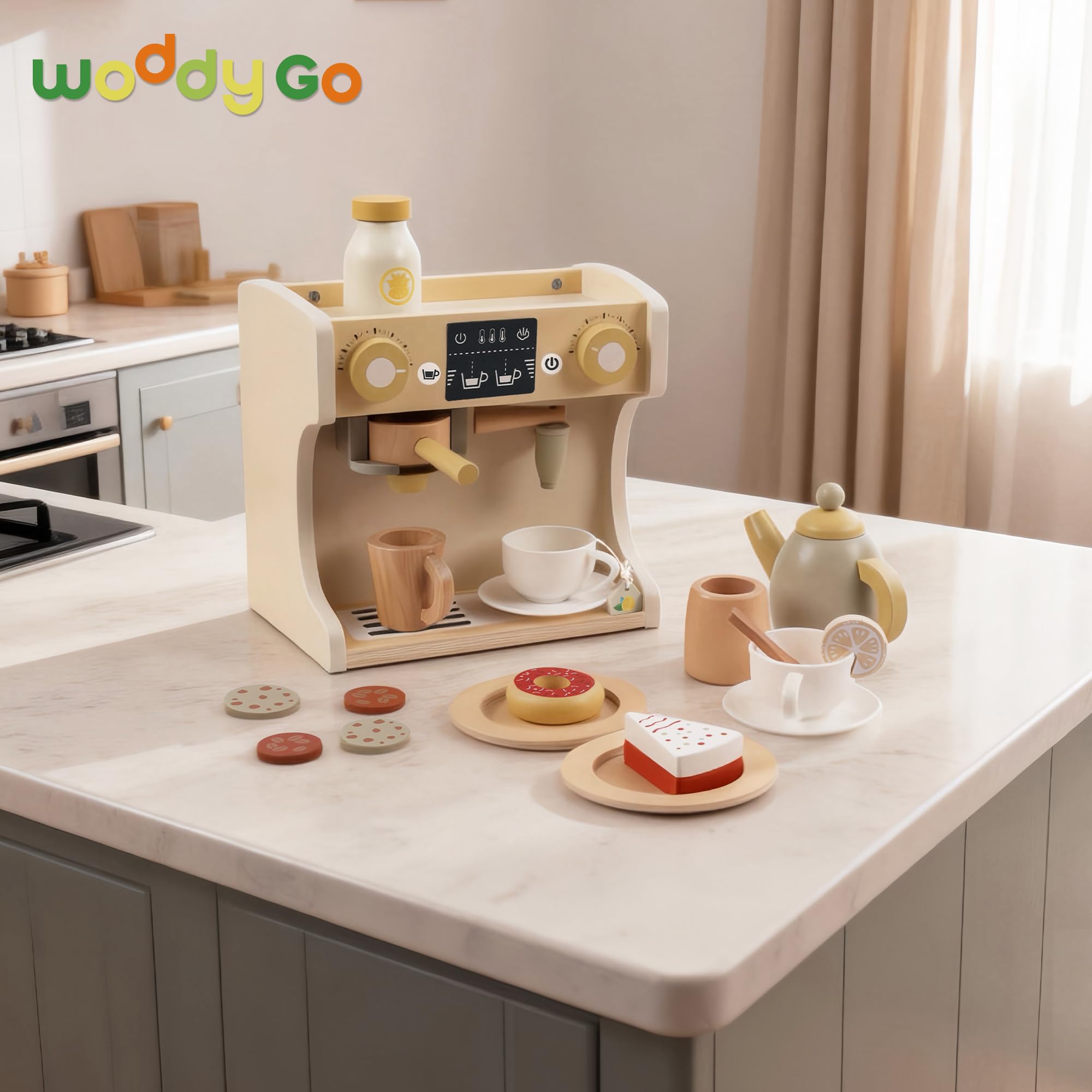 Holz Kaffeemaschine Spielzeug für Kinder, Montessori Espresso Maschine zum Rollenspiel mit Kaffeetassen und Desserts, Kinderküche Spielzeug, Geschenk für Jungen & Mädchen