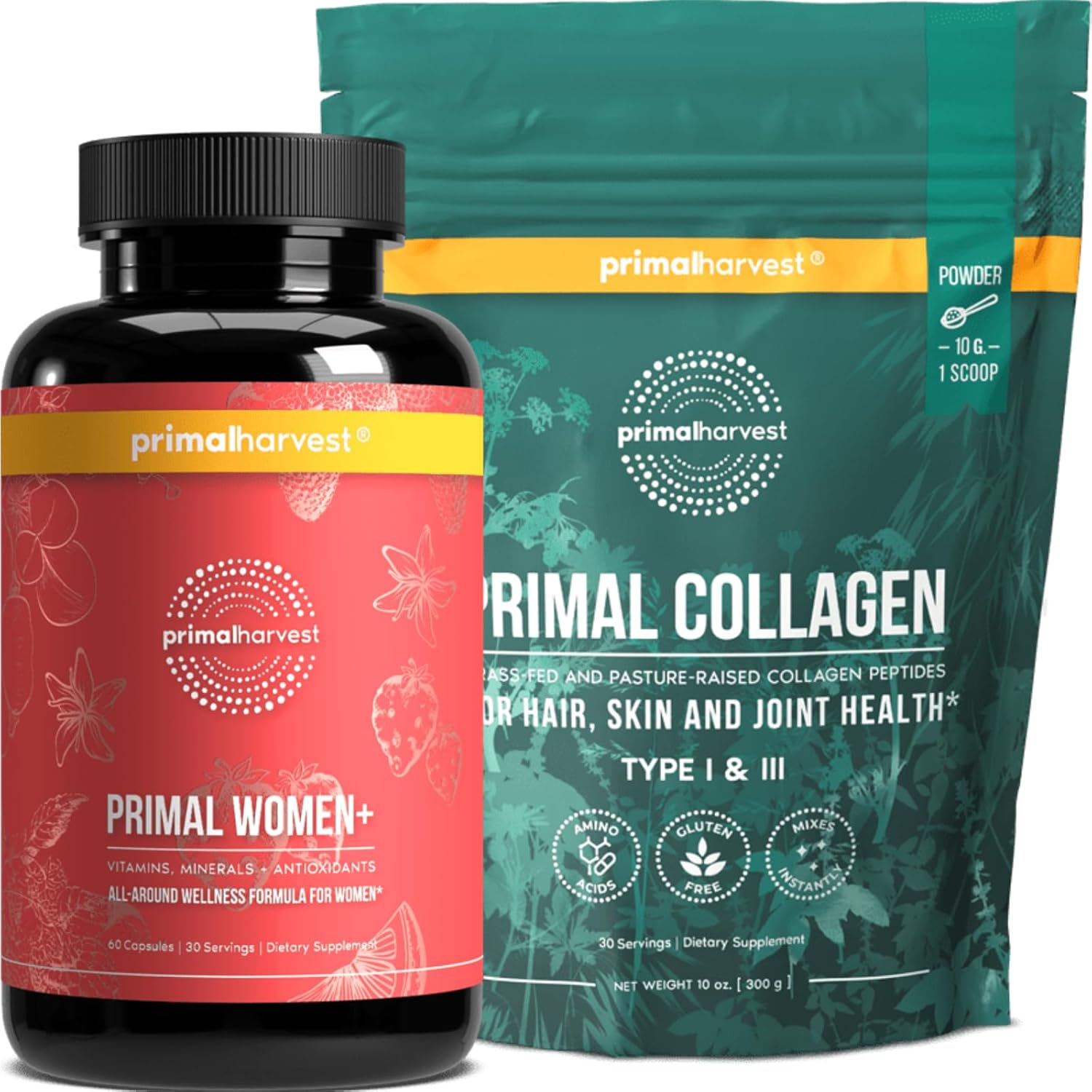 Primal Harvest Multivitamin & Collagen Powder Supplements for Women, Bundle Health