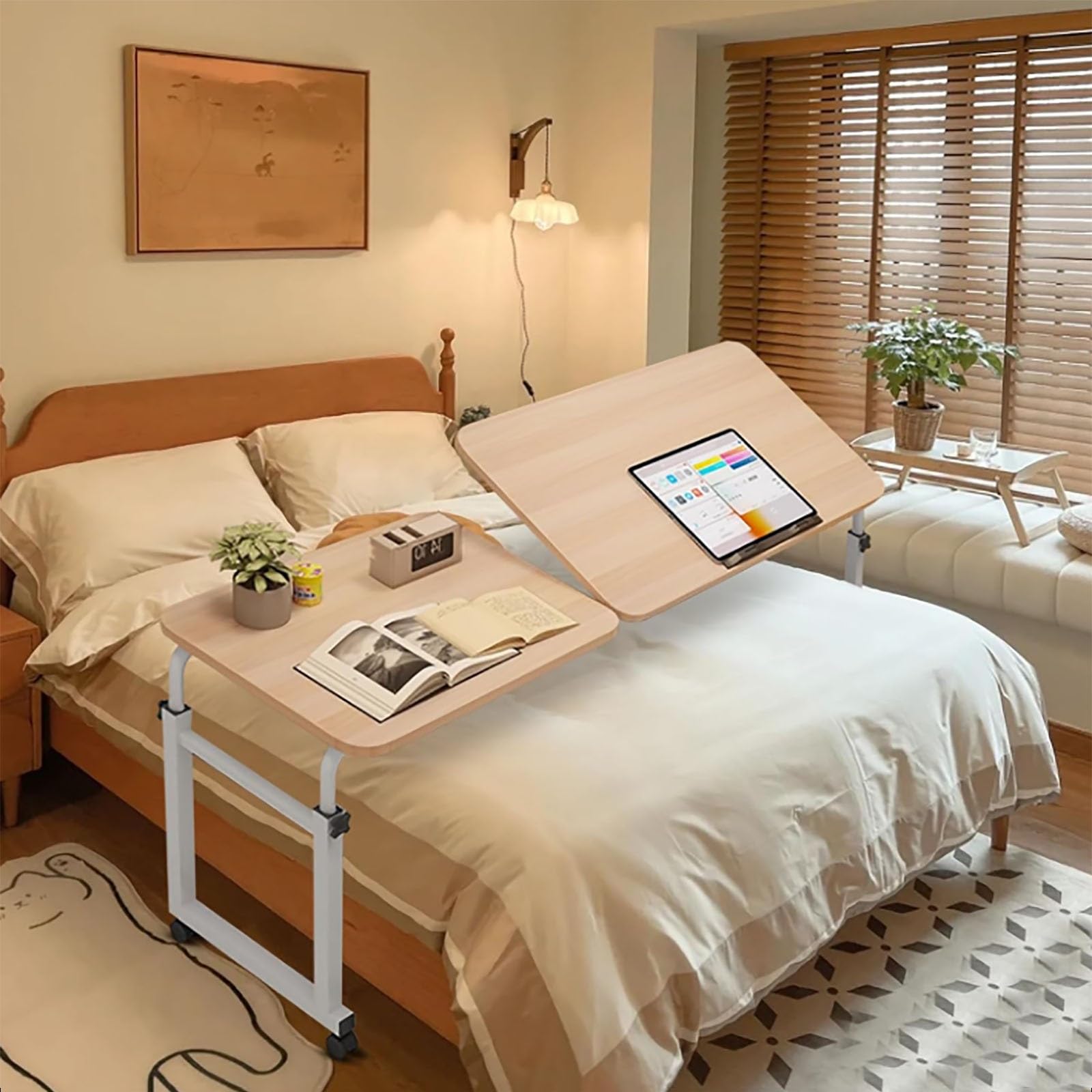 Mesas auxiliares para Cama, Altura Ajustable con Ruedas: Escritorio versátil para Colocar sobre la Cama, Mesa móvil para Comer y Ordenador (Color: A)