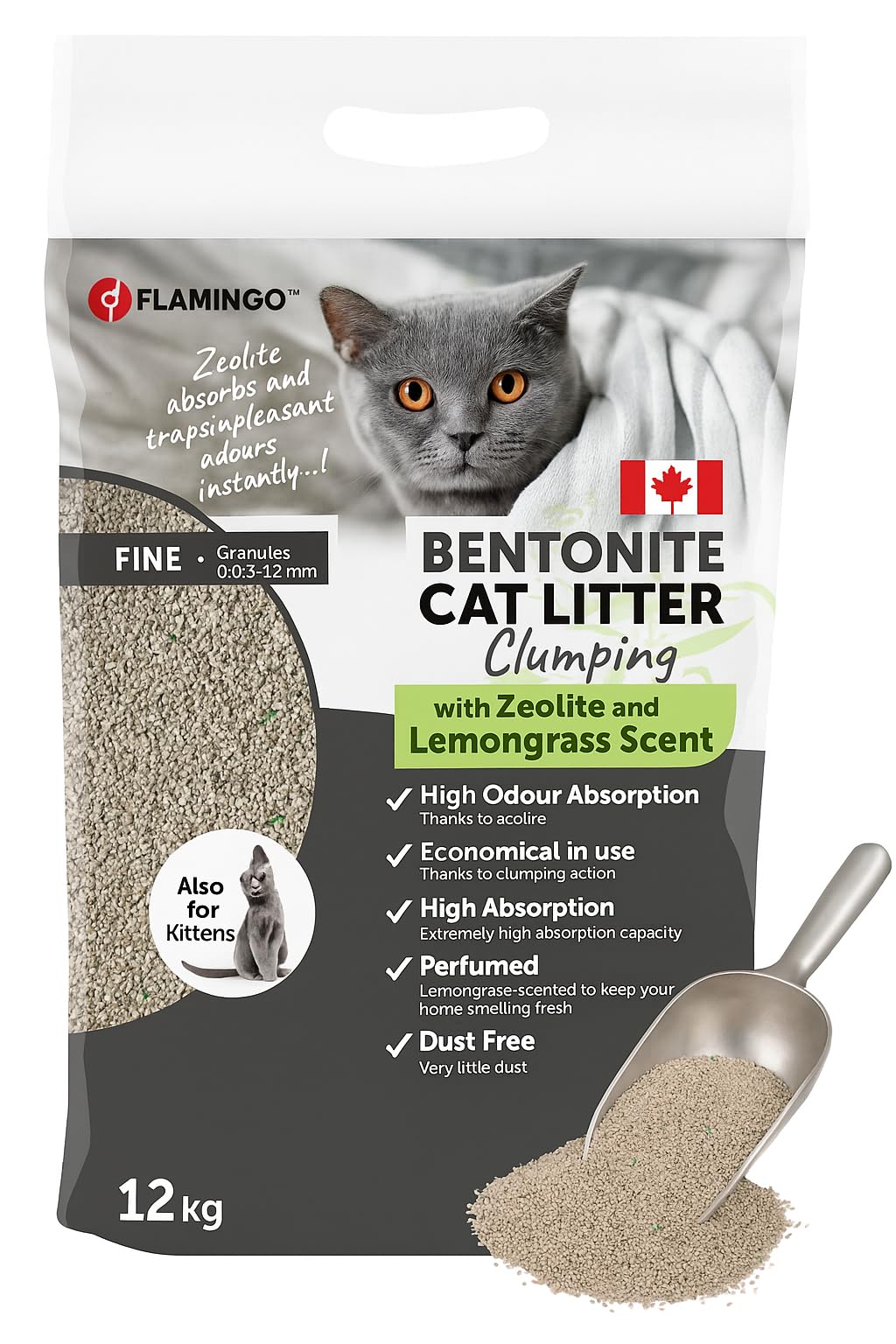 Flamingo Cat Litter - clumping cat litter - Lemongrass scent - 12L (12KG) for 10 weeks - Origin Canada - with green zeolite for ultra-fast odor control - Ideal for 1 or multiple cats