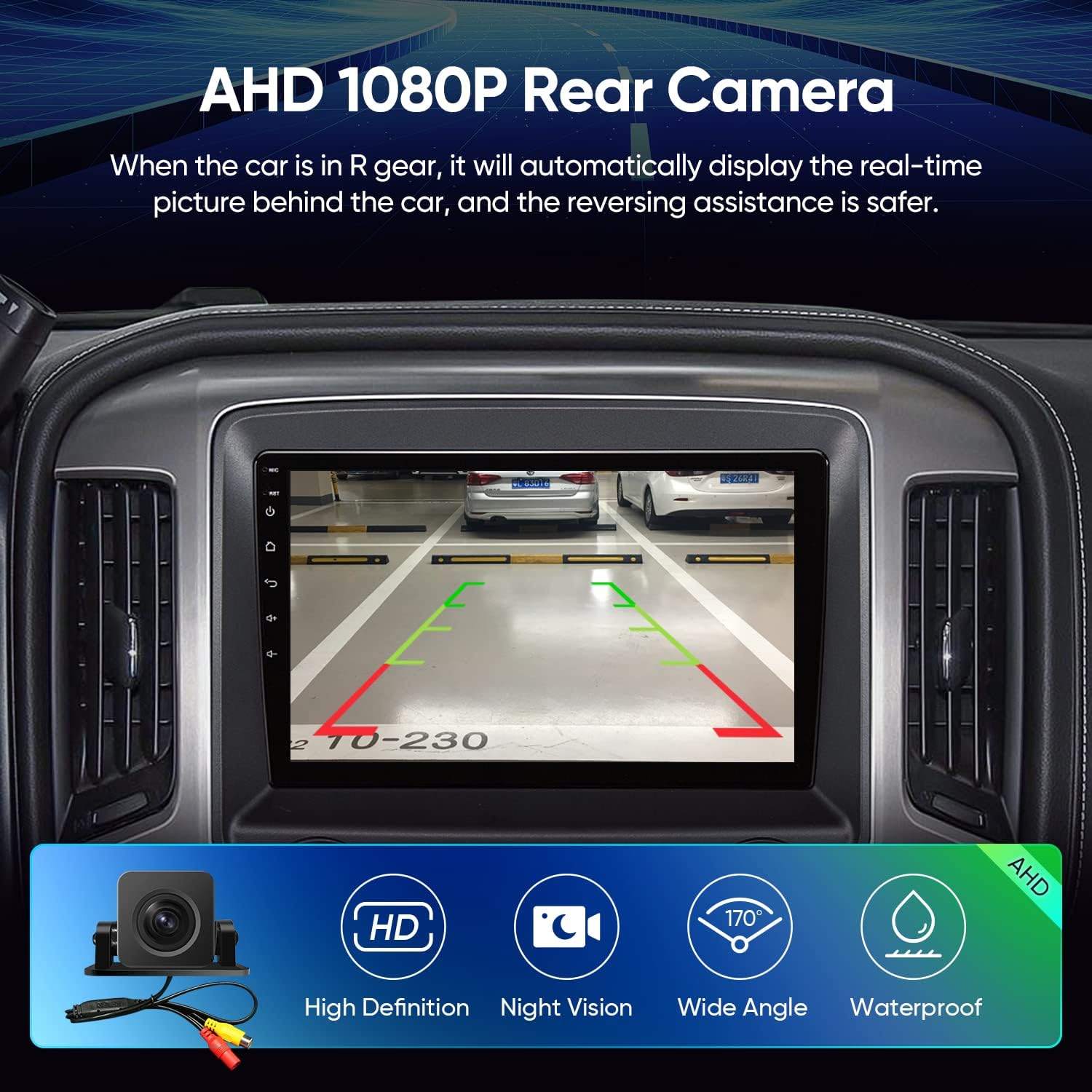 Screenshot of the AHD 1080P Rear Camera view on the car stereo, showing parking lines and camera features.