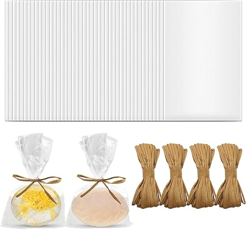 Nufiwra 200 bolsas de jabón transparentes con celofán y cuerda de cáñamo para manualidades, embalaje de regalo y recuerdos de fiesta (5.1 x 7.8