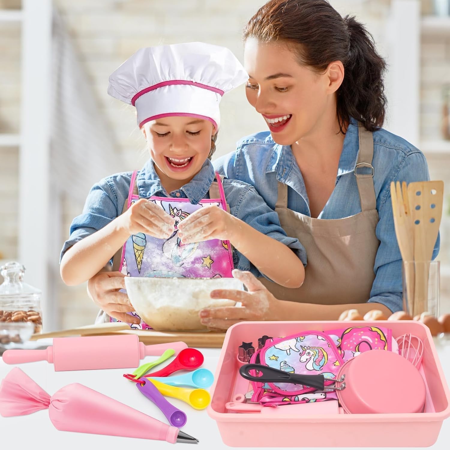 Kids Cooking and Baking Set with Storage Case Complete Cooking Supplies Kids Baking Kit Pretend Play Cooking Toys Unicorn Apron and Chef Hat for Girls & Boys