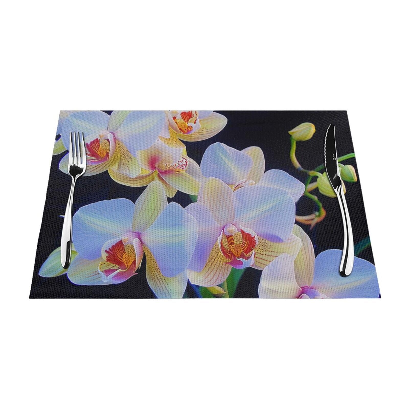 Orchids Print Printed PVC Placemat 6 PCS for Kitchen Dining Table Heat-resistand Washable Table Mats 18x12 in