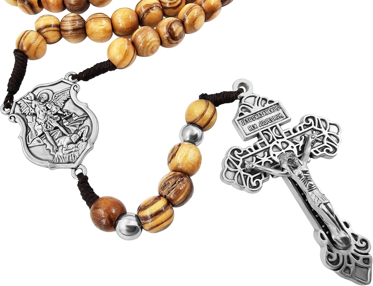 TALISMAN4U Archangel Saint Michael Olive Wood Prayer Beads Catholic Rosary Silver Tone Pardon Crucifix Virgin Mary Medals Rosaries for Men Holy Land Religious Gift Rosary Pouch & Prayer Card - Image 8