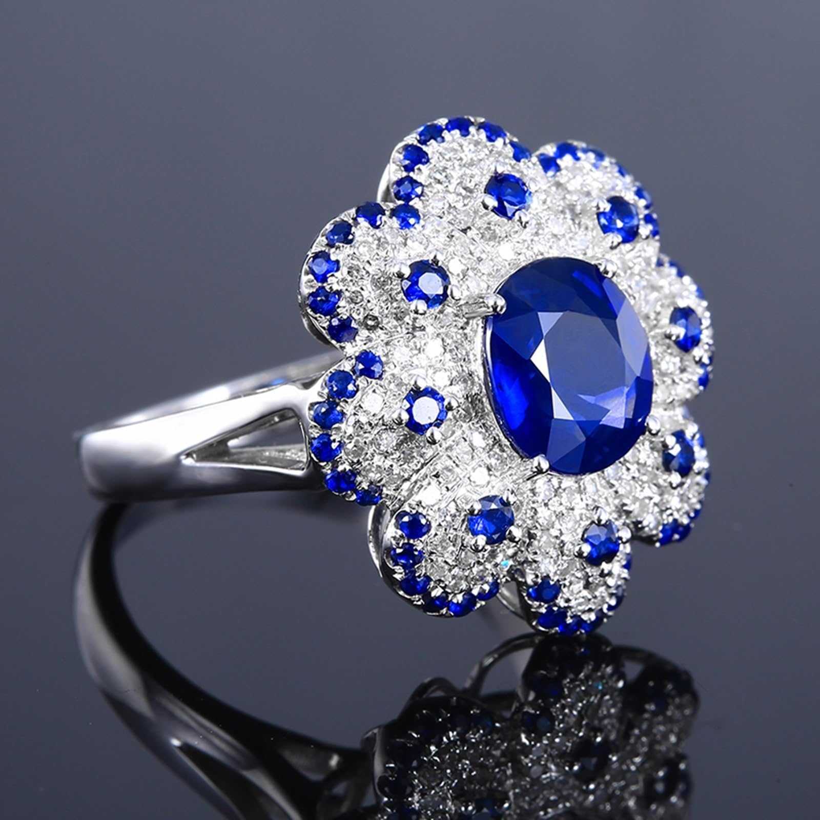 Bague de fiançailles ovale en or blanc 18 carats avec saphir bleu de 2,68 carats et diamant pour femme