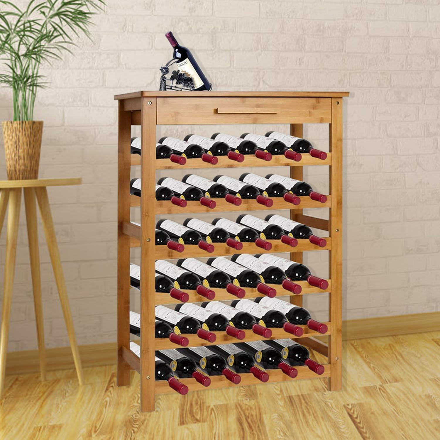 Kinsuite Bamboo Wine Rack Modular Wine Storage Holder Display Shelves for Storing Bottles at Home 36 Bottle Wine Rack Free Standing Floor 6 Shelves with Drawer