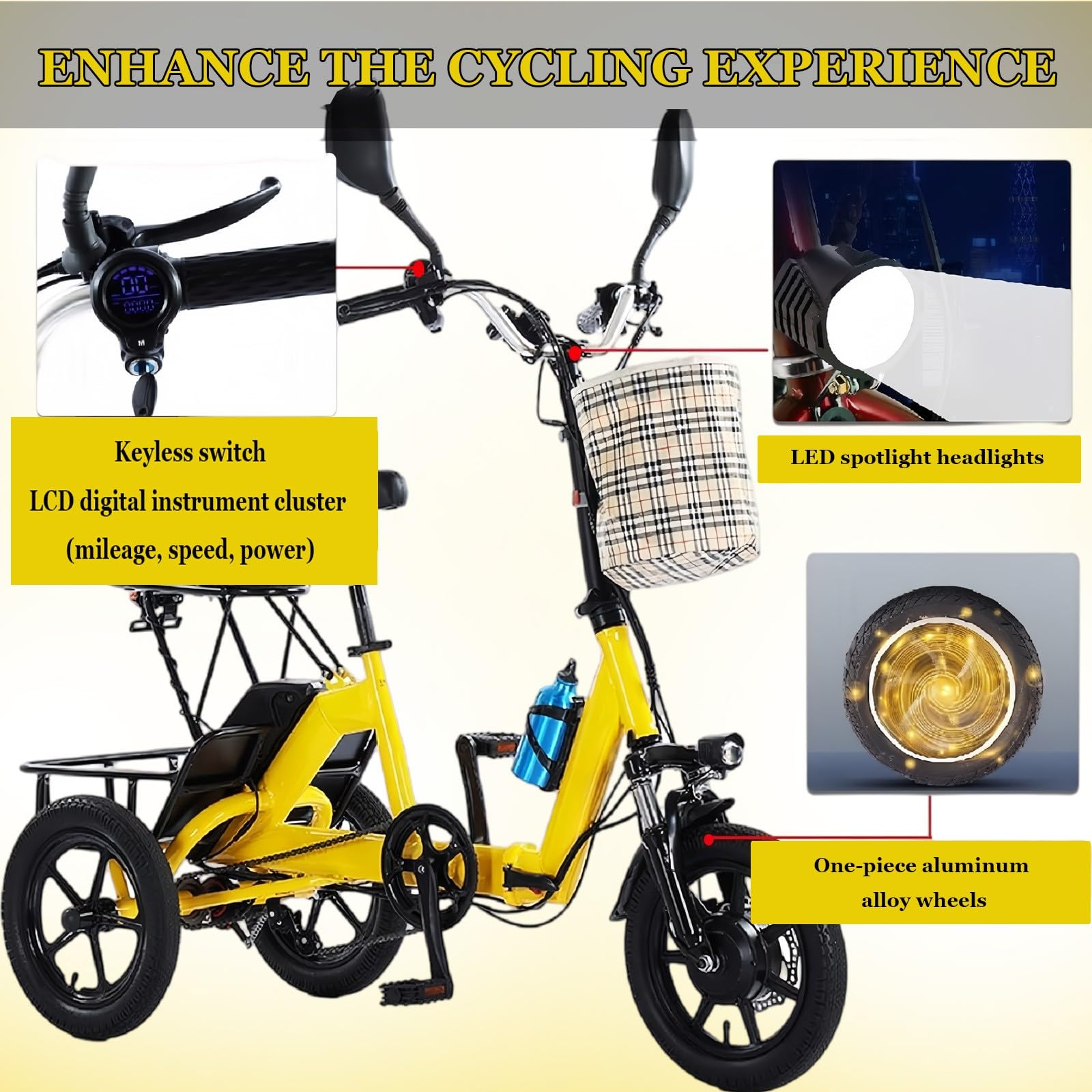Triciclo Elettrico Per Adulti/Trike Elettrico,Autonomia 45-70 Km,Bici Elettrica A 3 Ruote,Con Ampio Cestino E Batteria Rimovibile Da 48V 10.4 Ah,Per Uomini E Donne Yellow