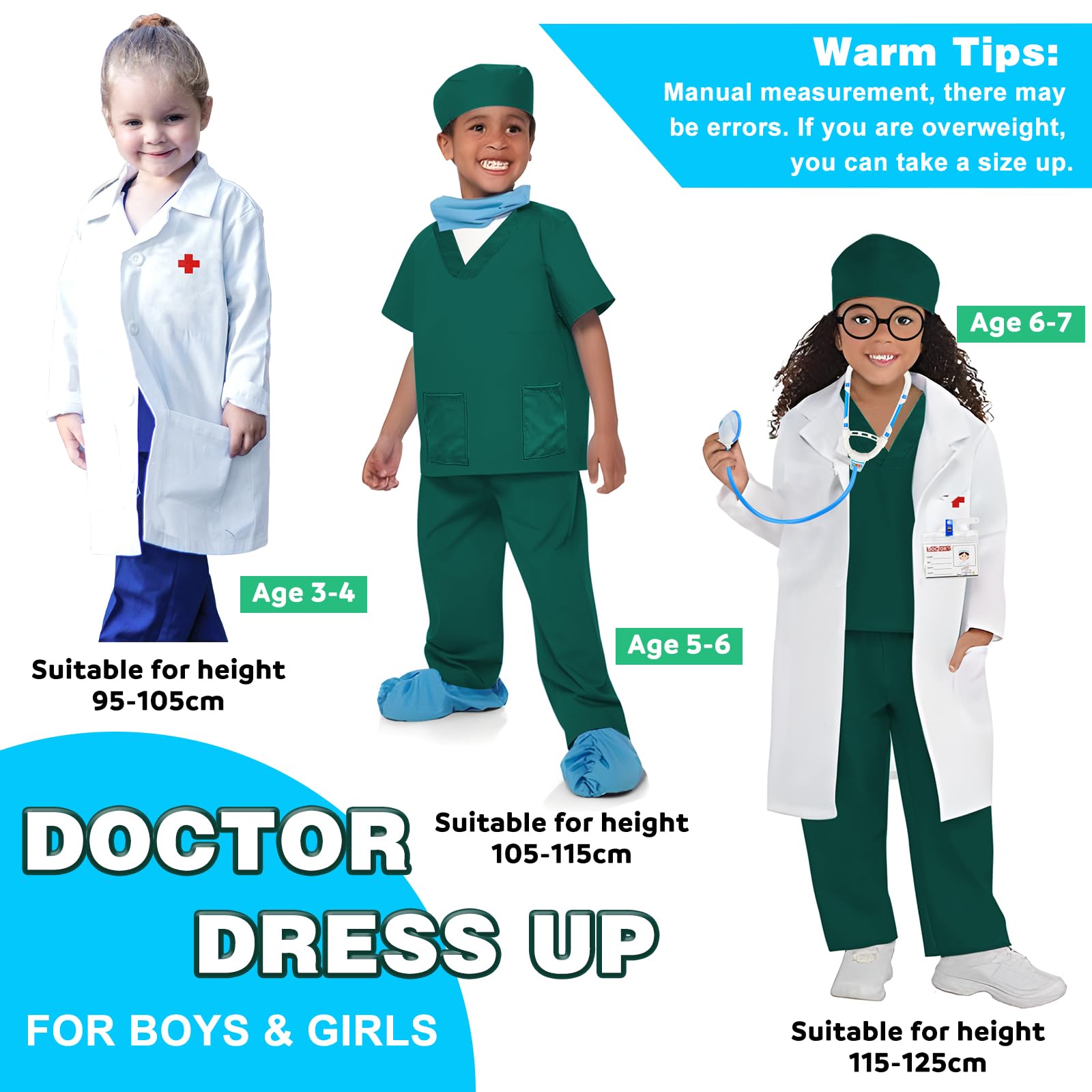costume da medico, Costume Dottore Bambino Halloween per Bambini dai 3 Anni, stetoscopio, top chirurgico e pantaloni, Kit Dottore Medico Gioco Dottore Costume Carnevale Halloween per Bambini