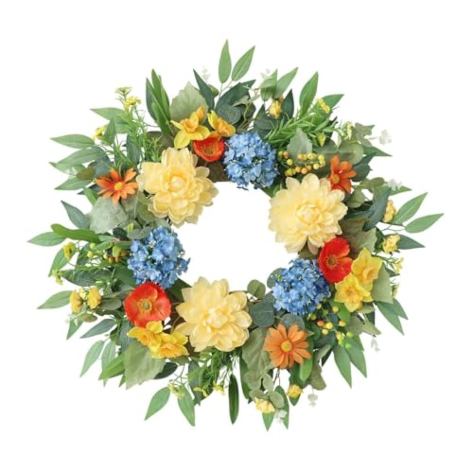 Artificial Summer Wreath 45cm Yellow Dahlia Blue Hydrangea Floral Wreath with Greenery for Front Door All Season Home Decor (55CM)