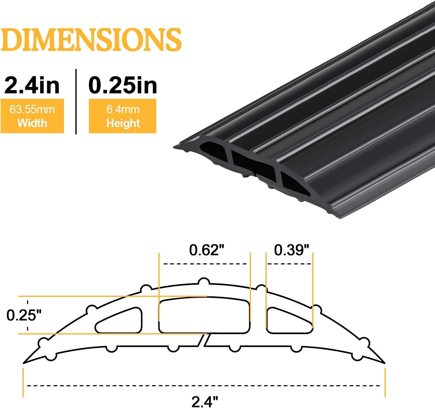 agptek heavy duty floor cable cover cable protector, 6.5 ft floor cord protector 3 channels floor cord cover (mid channel 0.62") contains cords, cables and wires, good for office, home, or outdoor black-b