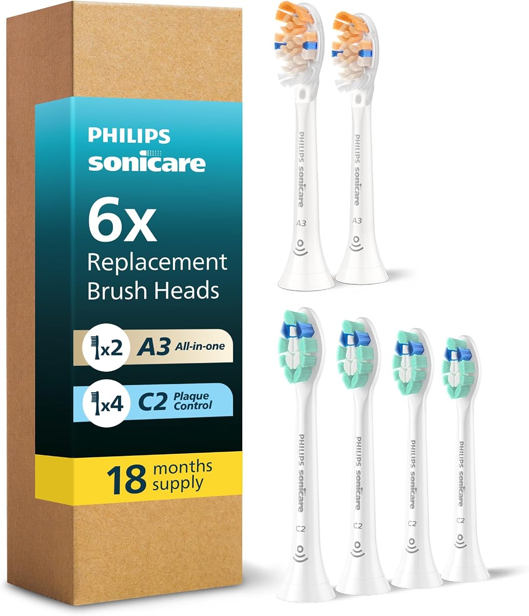 Philips Sonicare Replacement Brush Heads, 6-Pack, 18 Month Supply, White | 2000% More Plaque Removal¹, 100% More Stain Removal², BrushSync Reminder, Up To 62,000 Bristle Movements Per Min, BD9003AZ