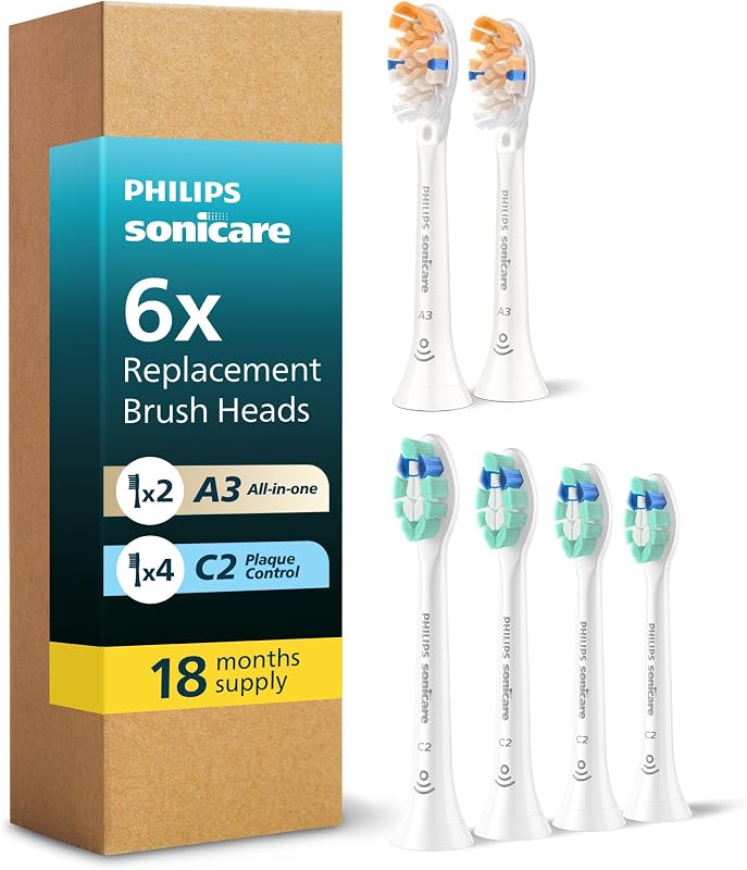Philips Sonicare Replacement Brush Heads, 6-Pack, 18 Month Supply, White | 2000% More Plaque Removal¹, 100% More Stain Removal², BrushSync Reminder, Up To 62,000 Bristle Movements Per Min, BD9003AZ