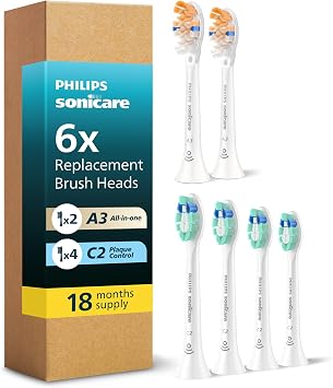 Philips Sonicare 6 Pack with up to 18 Month Supply, Includes Premium All-in-One A3 + Plaque Control C2 Brush Head Bundle, Genuine Replacement Electric Toothbrush Heads, White, BD9003AZ