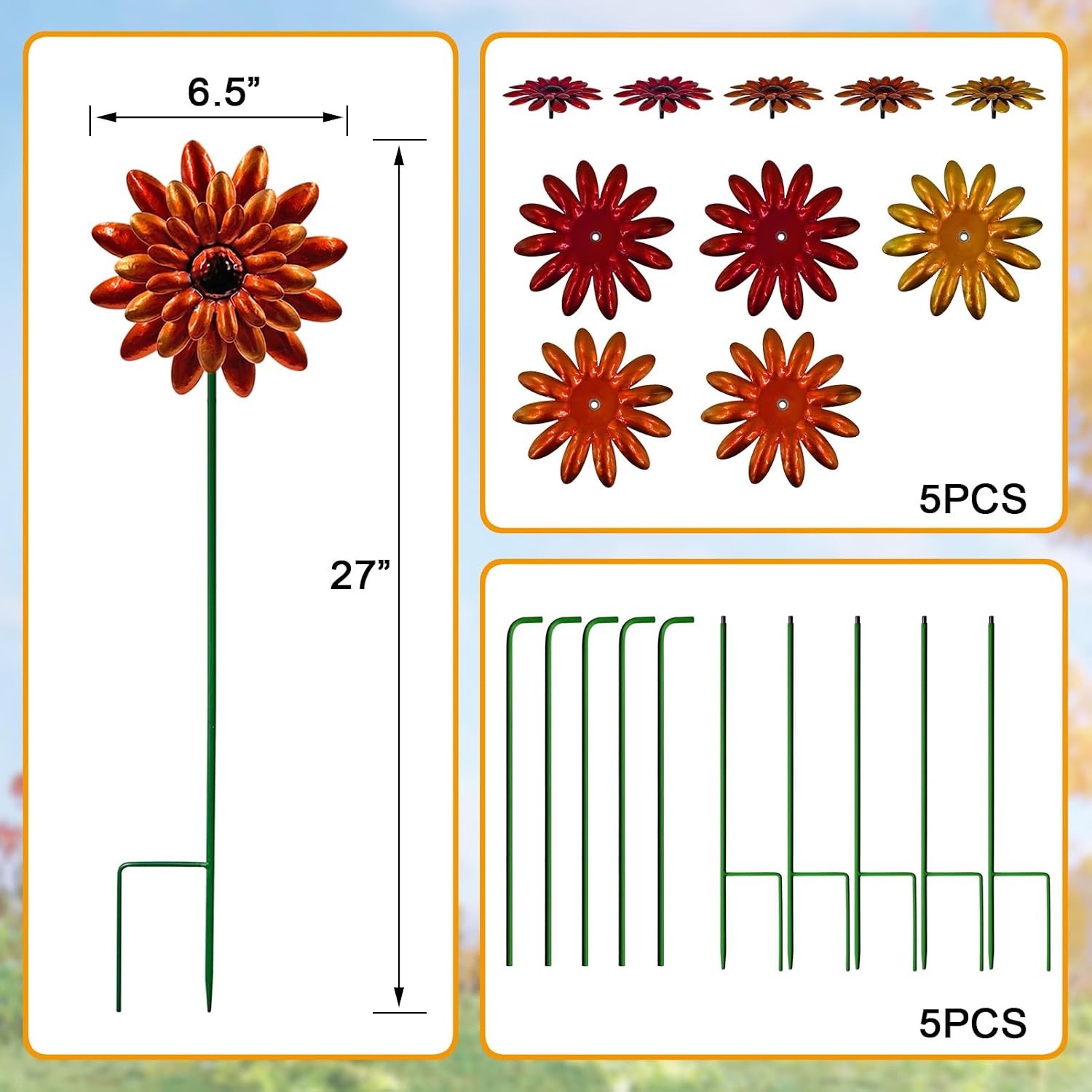 5 Pack Metal Autumn Mums Wind Spinner Garden Stake,Outdoor Fall Decorations