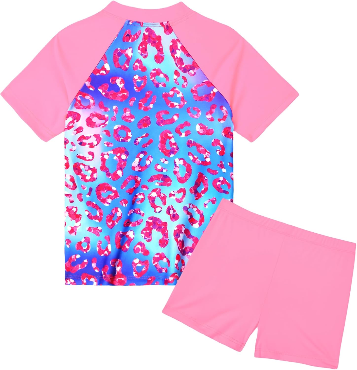 Girls Swimsuit Size 9-10 Years Old Rose Leopard Short Sleeve Bathing Suits UPF 50+ Rash Guard Set