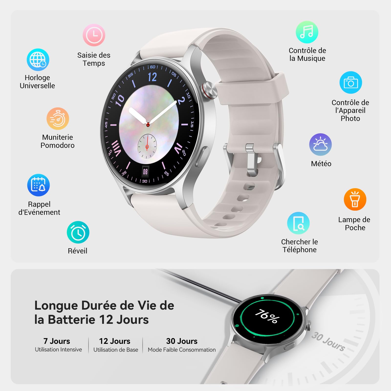 Montre Connectée Femme Homme avec Appel Bluetooth 5.3-1,32" Smartwatch AMOLED pour Android iOS, Montre de Sport Podometre avec 110+ Sports & 3ATM Bracelet Fitness avec Moniteur Sommeil/ SpO2 -Gris