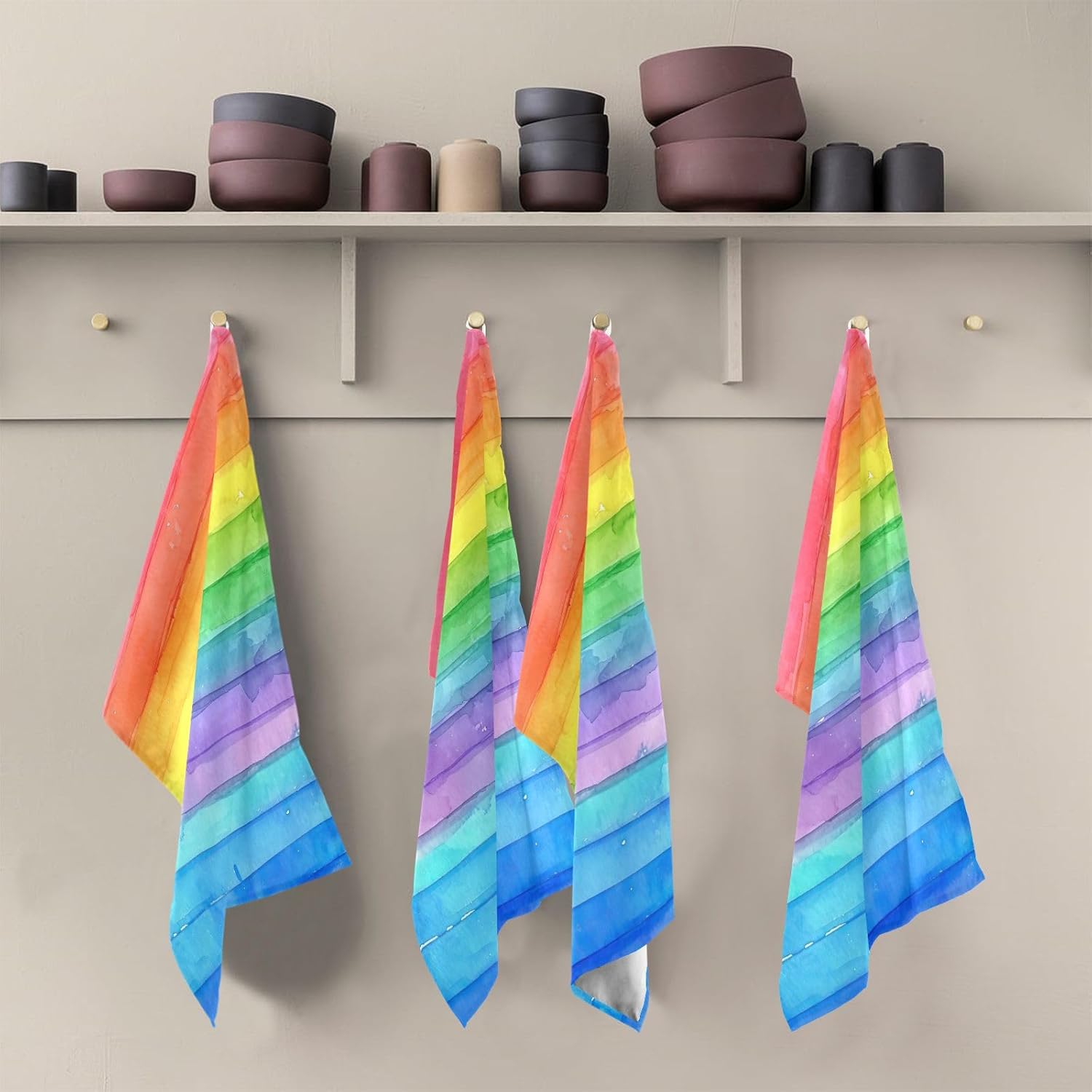 Rainbow Watercolor Stripes Kitchen Towels Set of 6, Soft Absorbent Quick Drying and Reusable Dish Towels for Kitchen, Bathroom and Home Decor, 18 x 28 in
