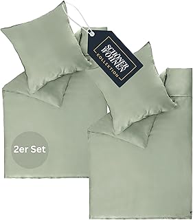 SCHÖNER WOHNEN Satin Bettwäsche 135x200 Baumwolle Grün - Luxus Bettwäsche-Sets 4teilig - weich & atmungsaktiv - bestehend aus 2 Bettwäschebezüge und 2 Kopfkissenbezüge 80x80cm - Öko-Tex