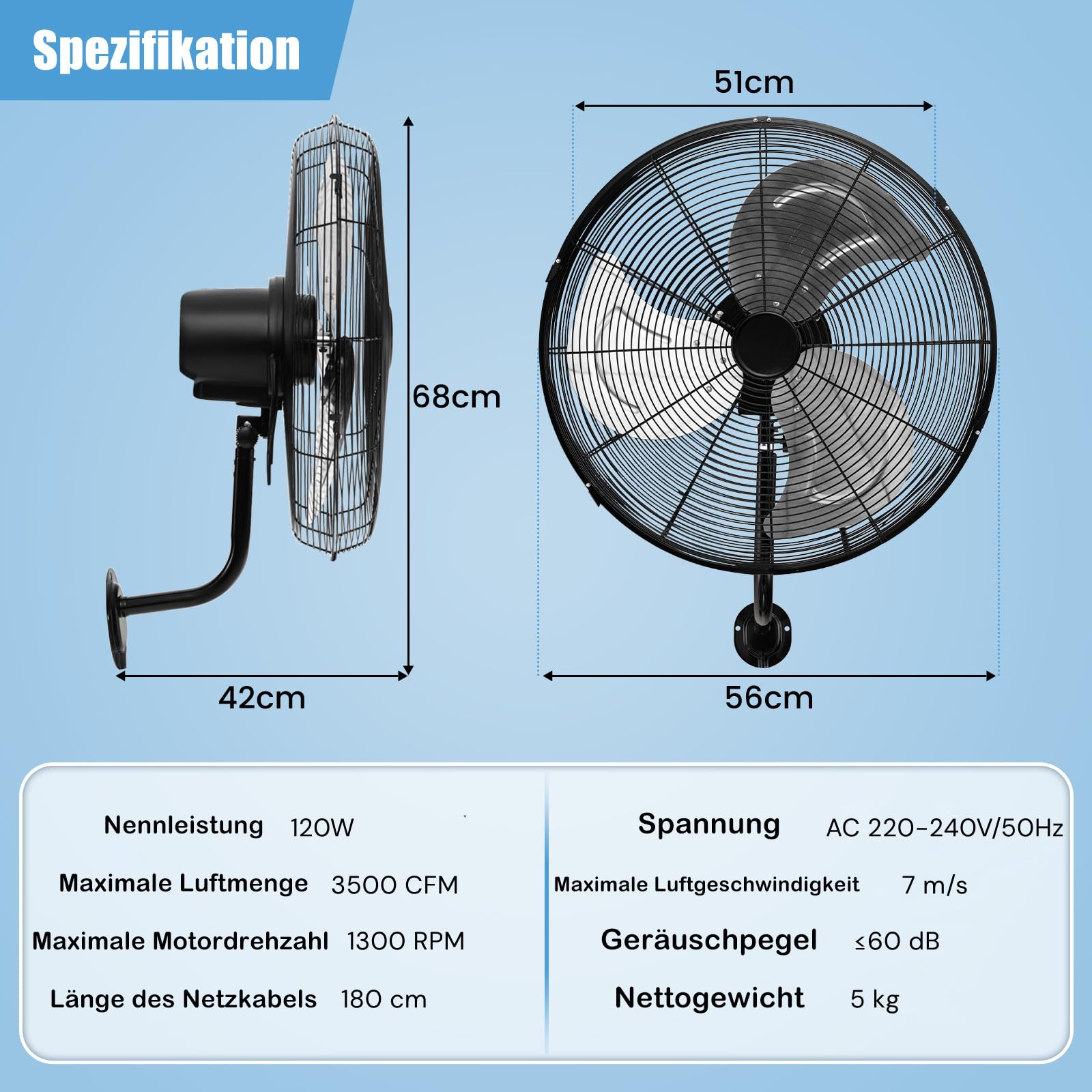 RELAX4LIFE Wandventilator 120W 3 Aluminiumflügel 85° Oszillation 30° Neigung Geräuschpegel ≤60dB Schwarz
