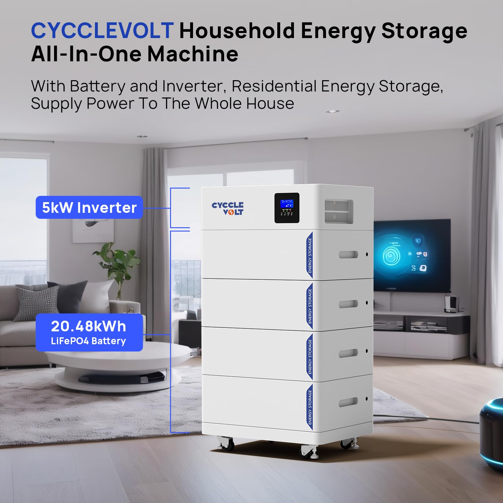 CYCCELEVOLT Wechselrichter 5000W mit 5KWh LiFePO4 Batterie, 5KWh Stapelbarer PV speicher,modulare Erweiterbarkeit, LCD-Bildschirm, Klasse-A-Zellen, Perfekt für Solaranlagen,Inselanlage,balkonkraftwerk