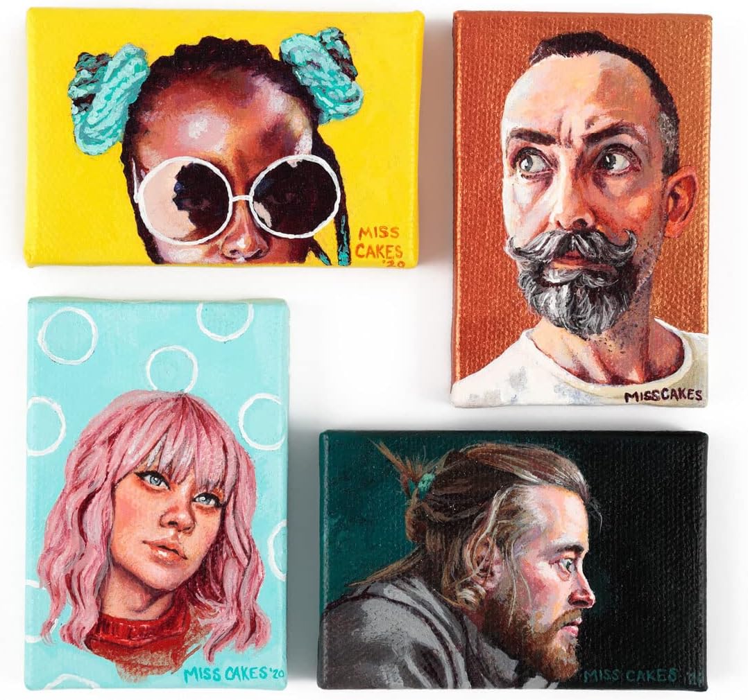 Creative Mark Ultra Mini Black Stretched Canvas & Black Wood Easel for Small Paintings - 3x3 inch [20 Pack] Perfect to Paint or Displaying Small-Scale Arts and Crafts