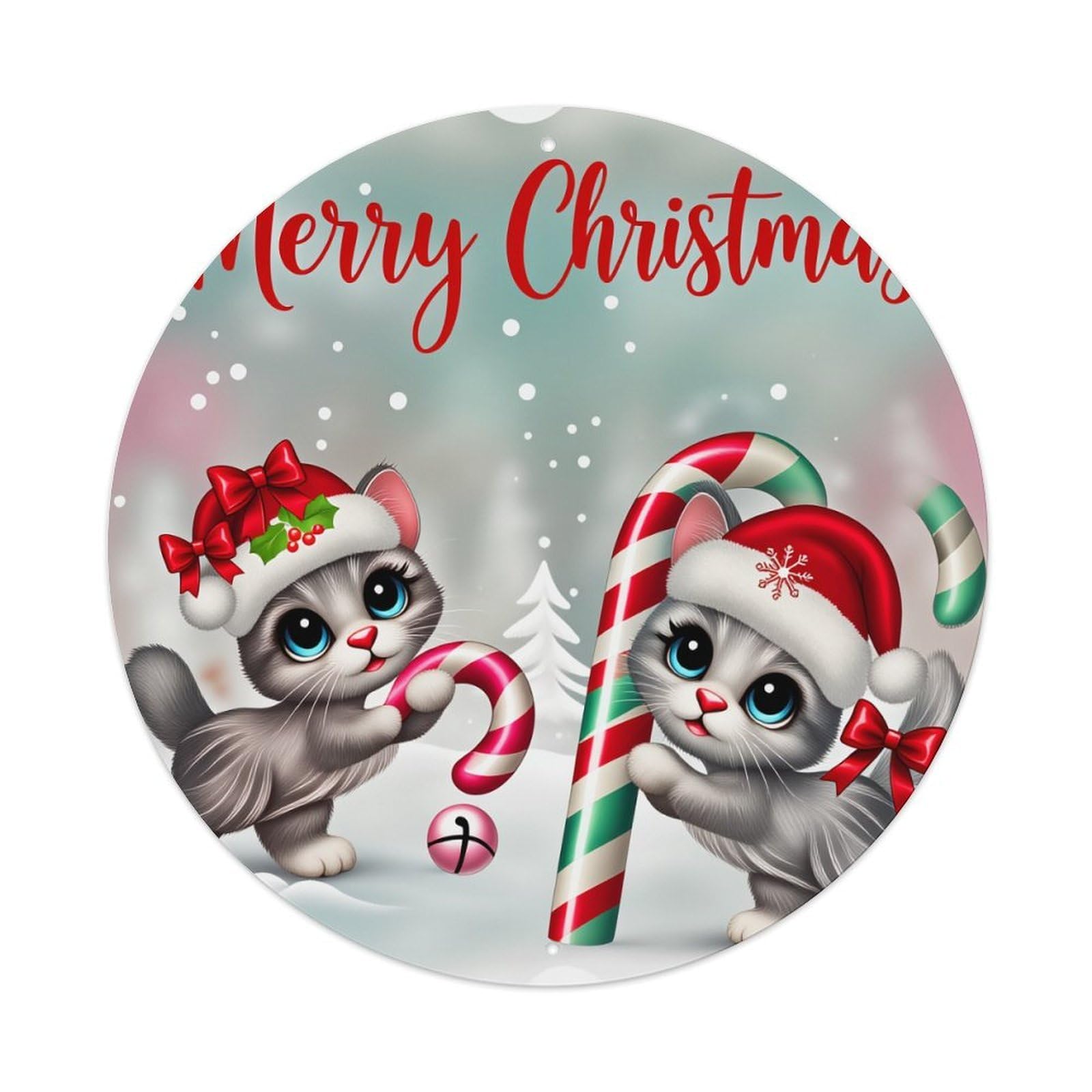 Cute Cats Christmas Candy Canes Round Tin Sign Vintage Metal Poster Retro Bar, Home, Man Cave, Kitchen, Laundry Room Wall Art Decor Gift 8x8Inch