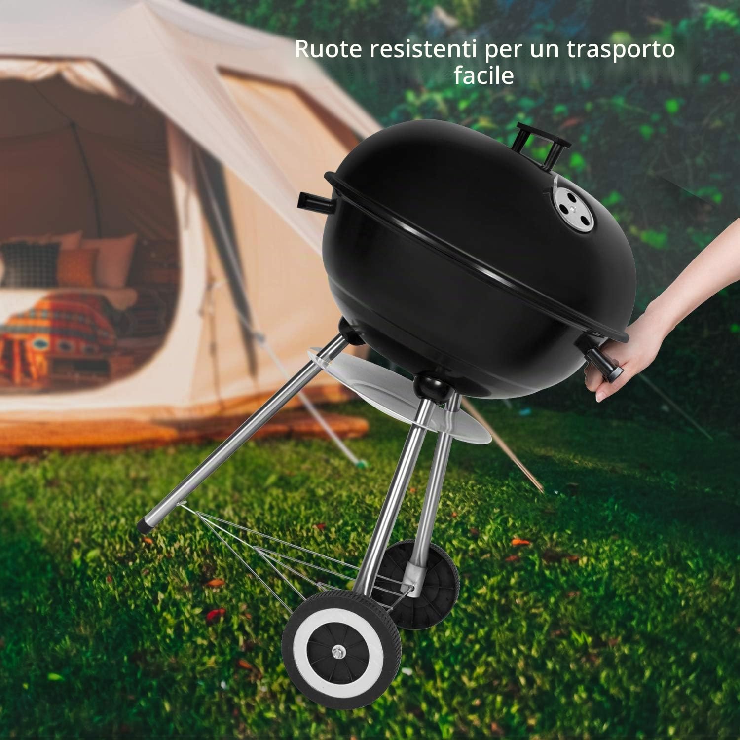 Barbecue a carbone portatile BBQ rotondo con coperchio a doppia ruote, barbecue su piedistallo φ 41 cm altezza 70 cm - nero