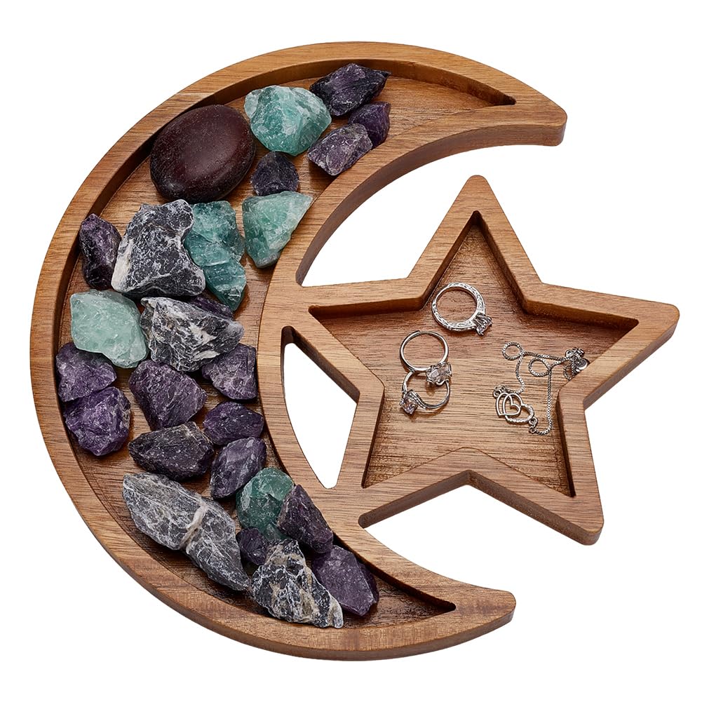 Plateau de rangement en bois pour pierres de cristal et bijoux éparpillés