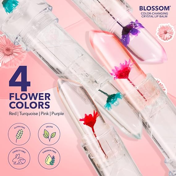 Blossom Lip Gloss Moisturizing pH Lip Balm, Infused with Real Flowers, 3g | Strawberry Scented Color Changing Crystal Lip Stain Tint, Pink, Korean Makeup Coconut Oil Womens, Clear Bulk Chapstick Jojoba