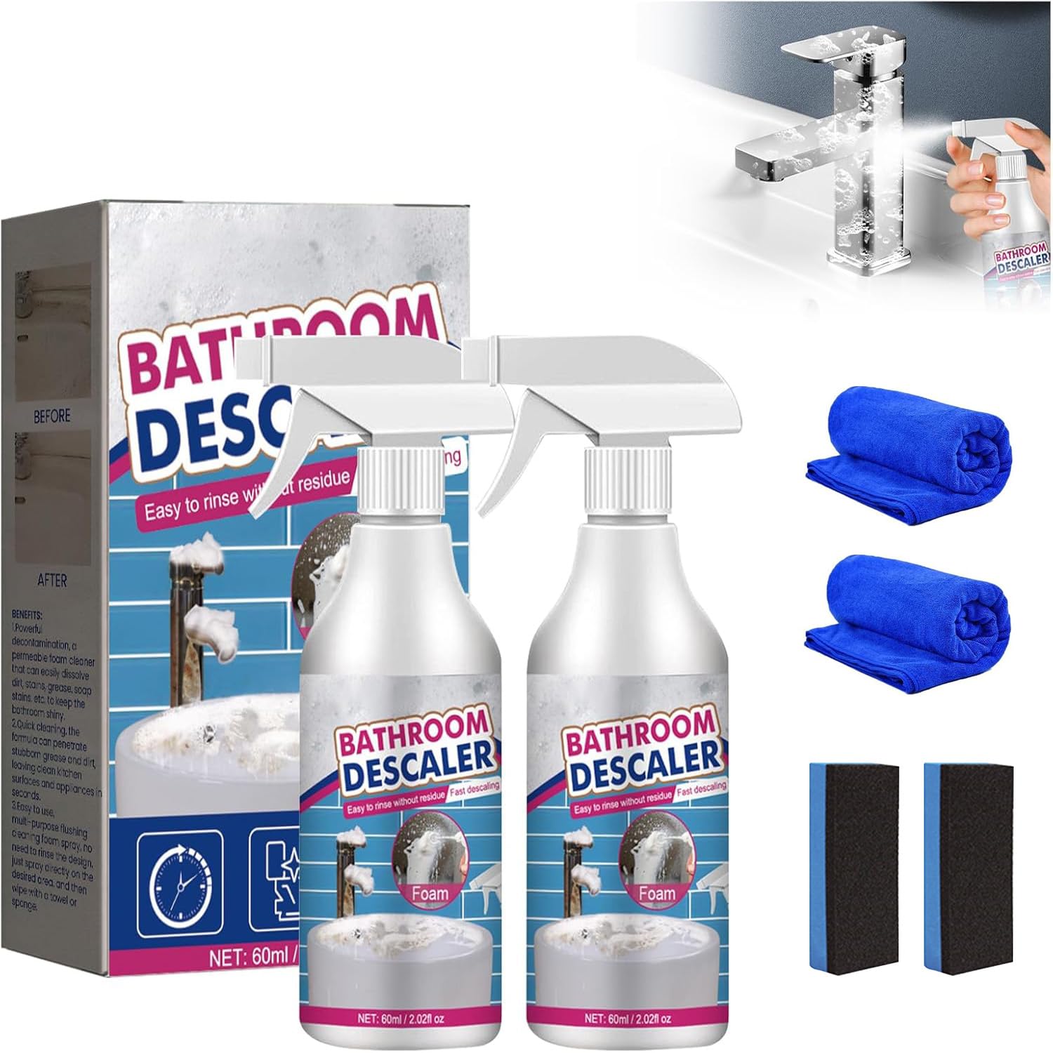 2Pcs Bathroom Descaler Cleaner Spray Bathroom Foam Cleaner Spray Multipurpose Bath-room Bubble Stubborn Stains Cleaner Foam Spray for