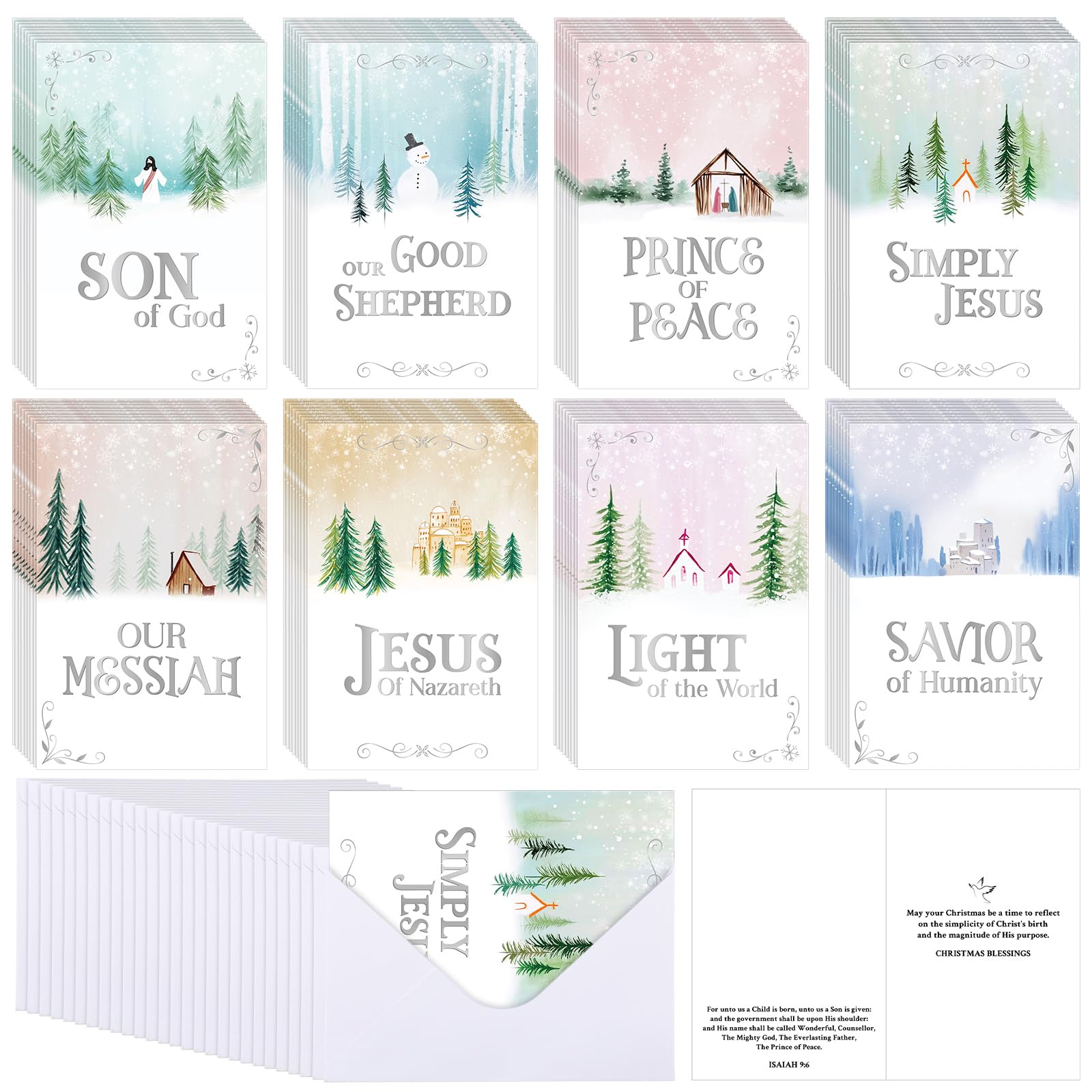 Ctosree Lot de 72 cartes de Noël religieuses avec enveloppes pour célébrer la naissance de Jésus - Assortiment en vrac - Cartes postales chrétiennes pour fêtes de Noël