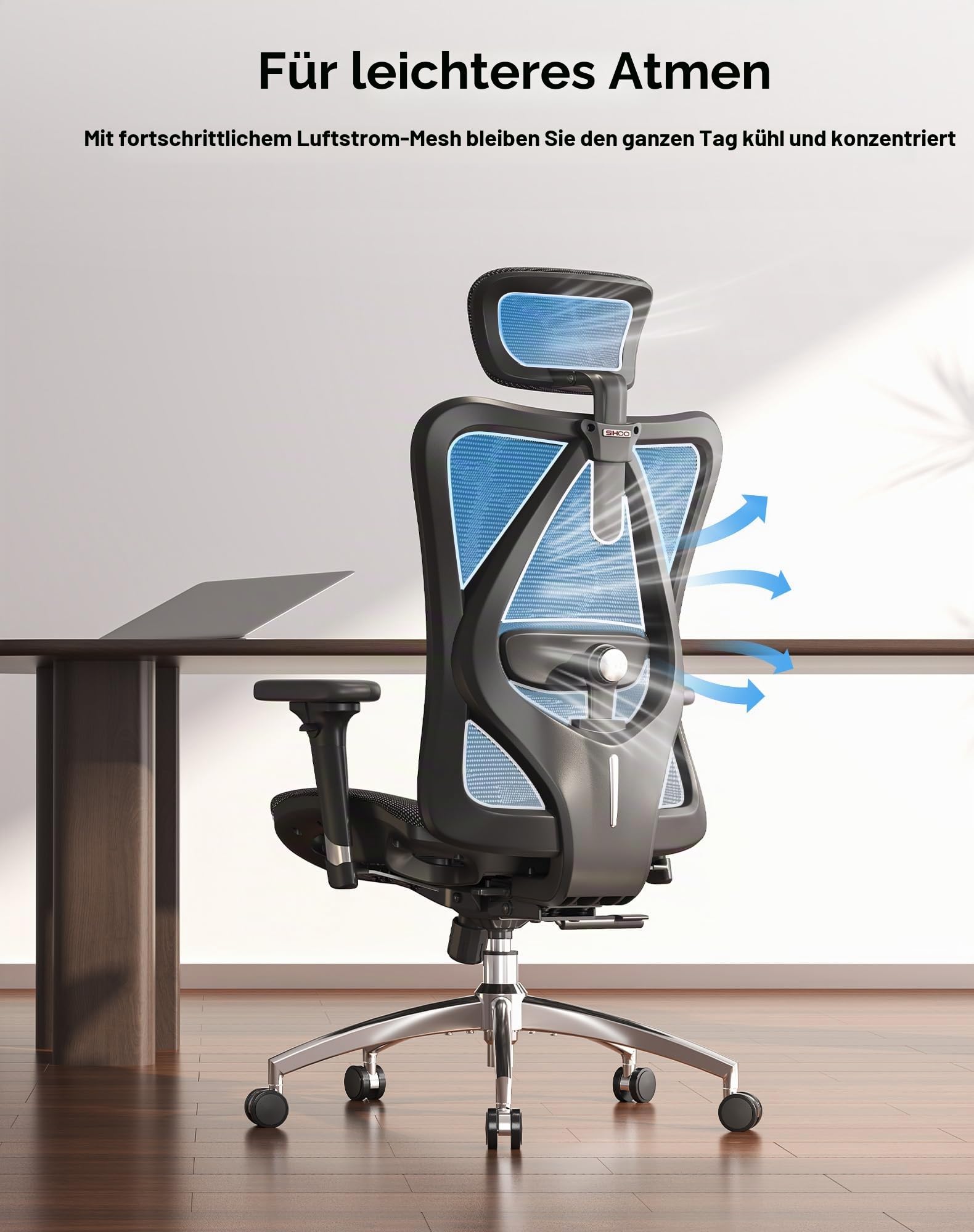 SIHOO M57 Ergonomischer Bürostuhl mit 3D Armlehne und Lendenwirbelstütze, Netz-Hochlehne, bis 150kg Belastbar (schwarz)