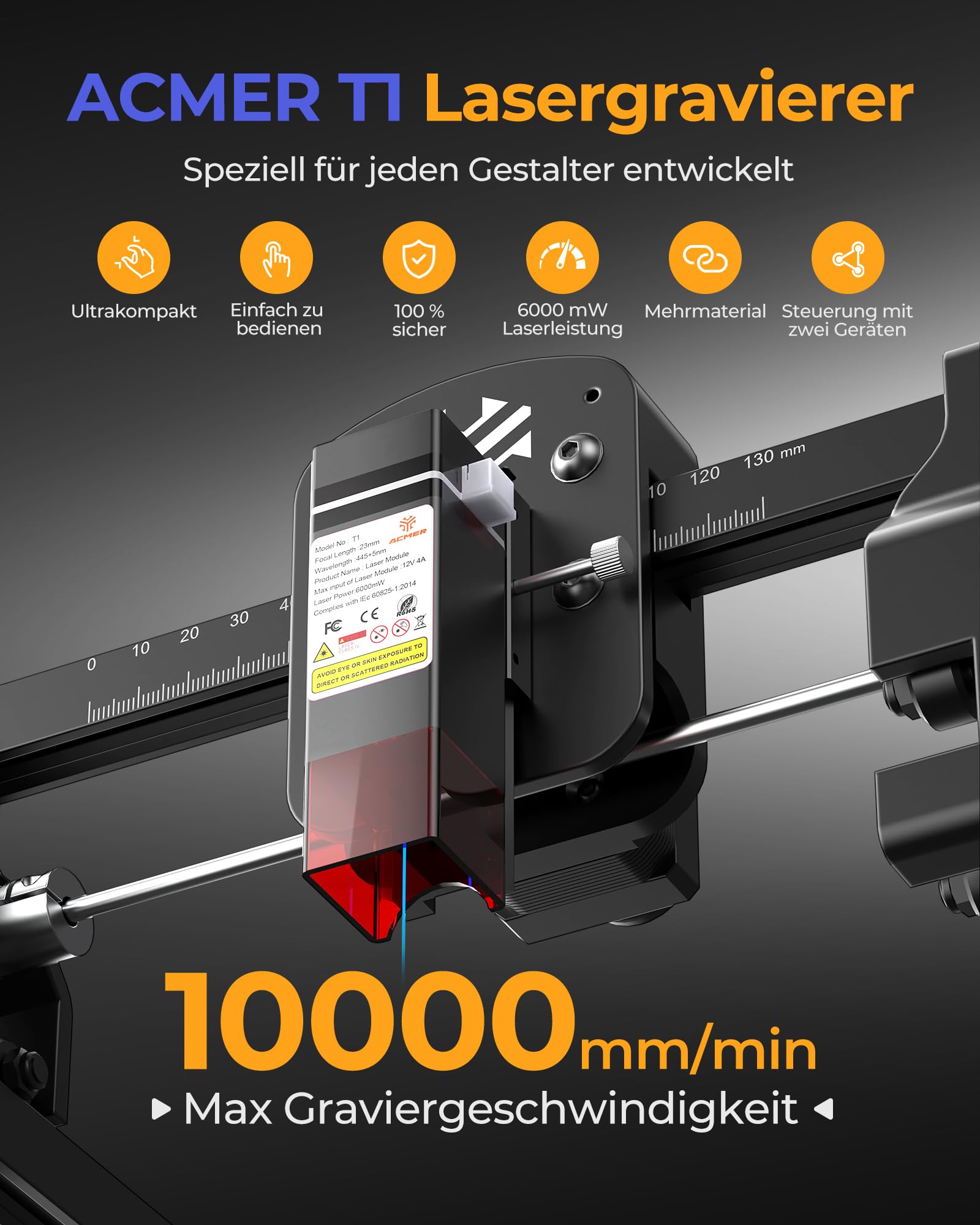 Acmer T1 6w Laser Graviermaschine, Tragbarer Mini Laser Cutter, 0.01mm HochpräZiser Lasergravierer, Arbeitsbereich 130 X 130 mm, Graviermaschine für Holz, Leder, Glas, Metall Sowie Diy-Geschenken