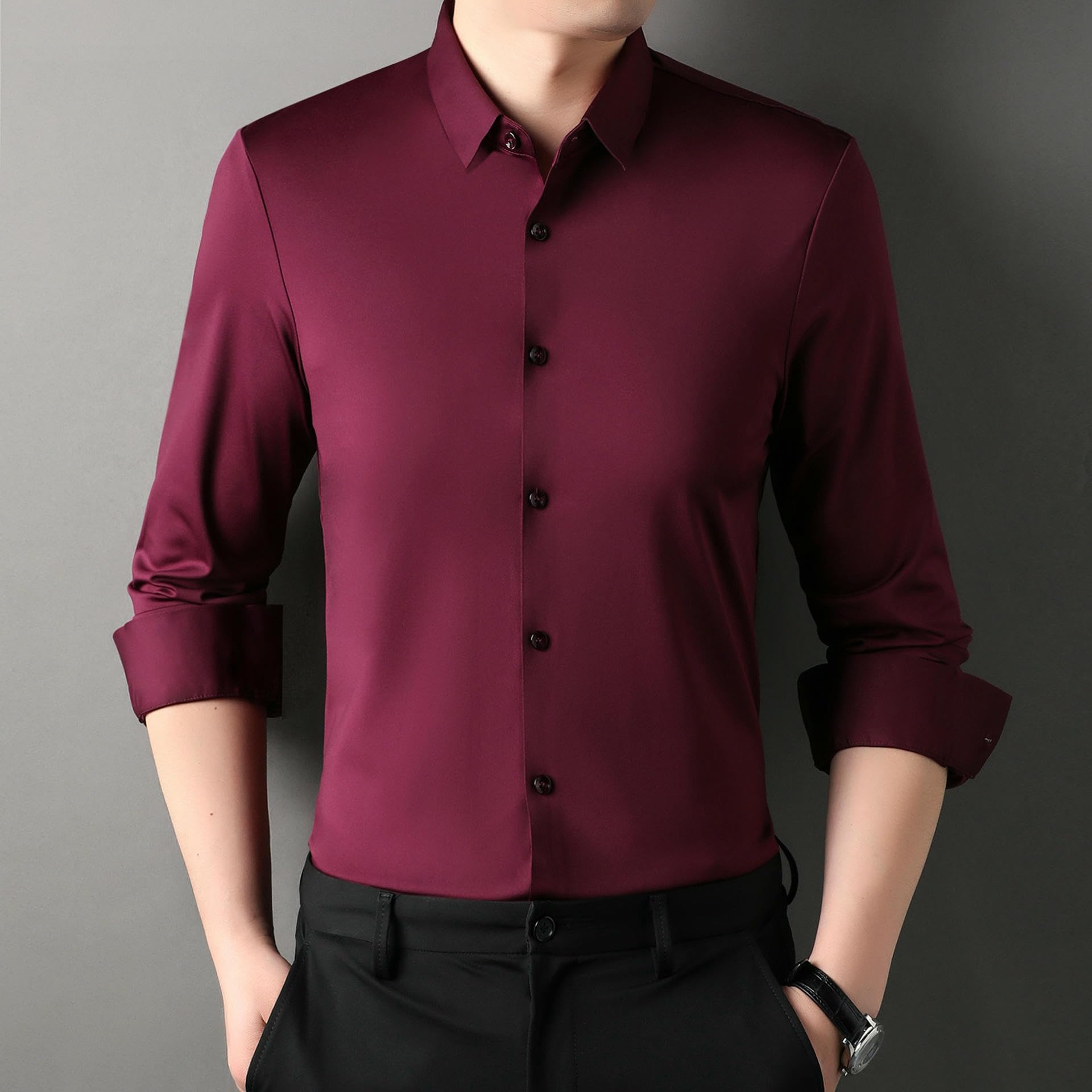 Herren Einfarbiges Langarm Nahtloses Knitterfreies Elastisches Atmungsaktives Business Casual Schmal Geschnittenes Weißes Hemd