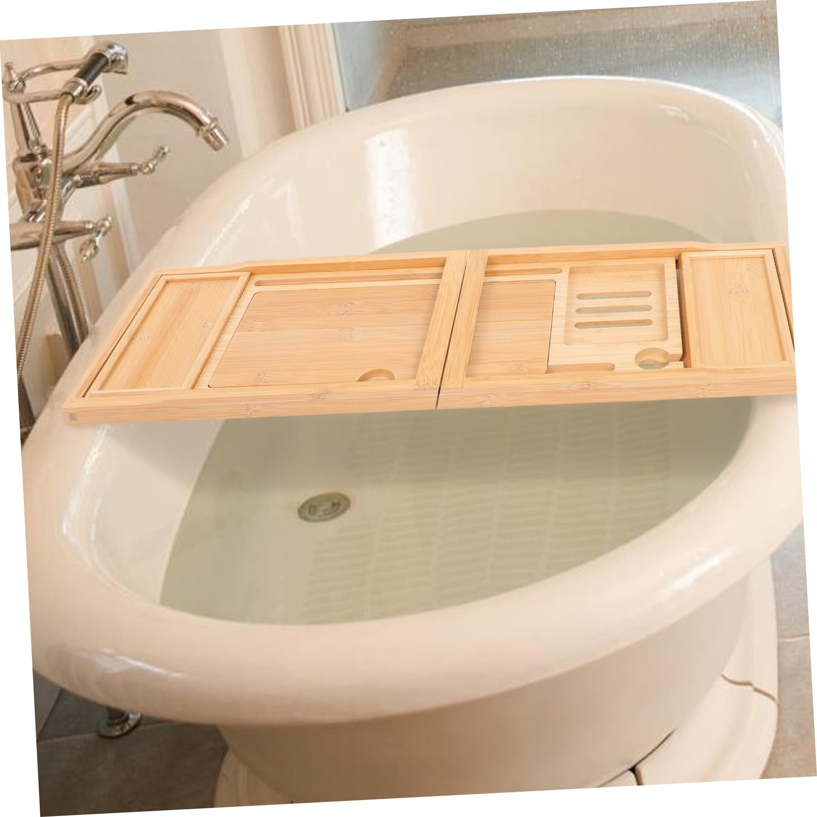 iplusmile Bandeja De Bambú Ajustable Multifuncional para Bañera con Soporte para Teléfono Organizador De Baño