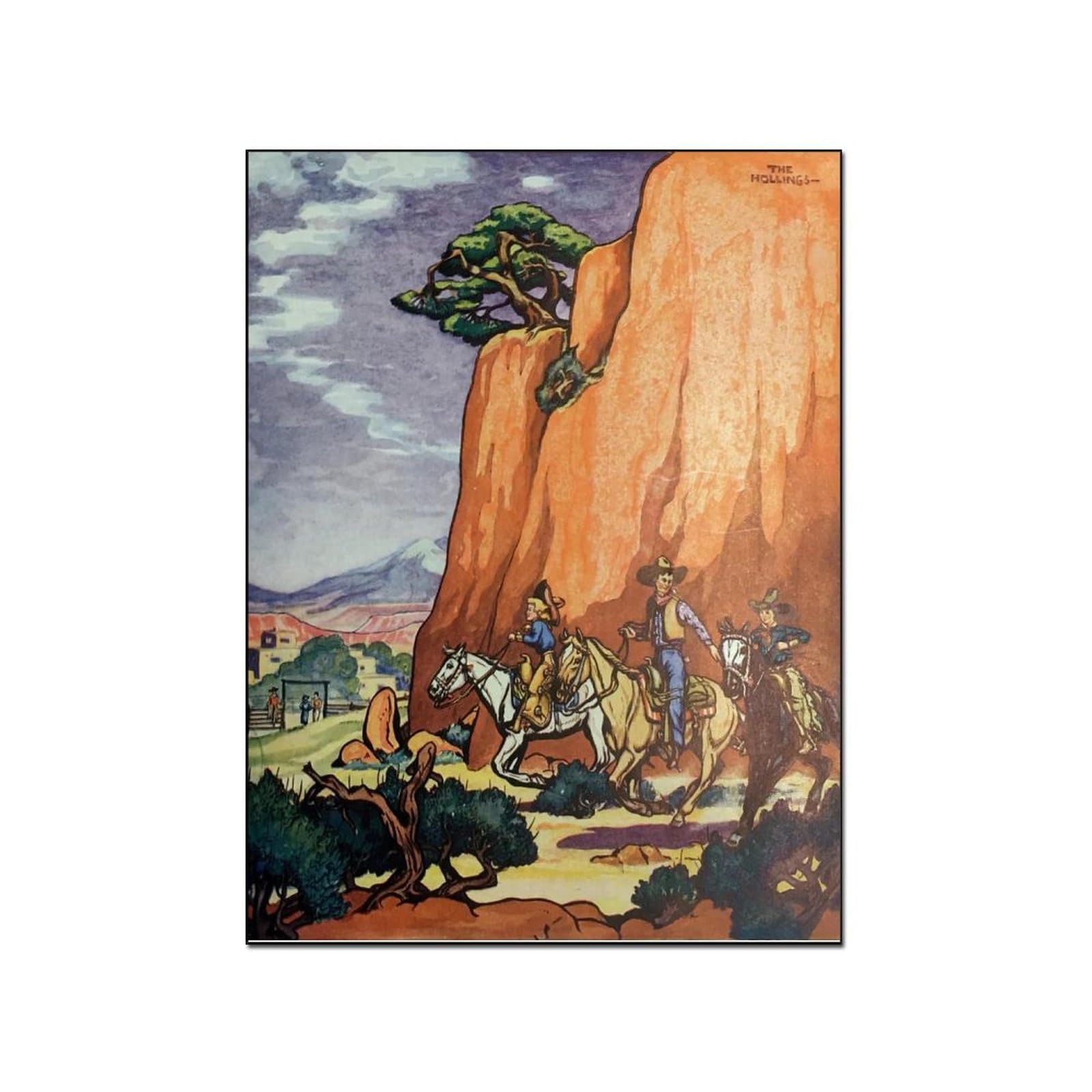 Cowboy Western Art Poster HC Holling 1936 Cowboy Dad And Kids on Horseback Grand Canyon Southwest Oi Canvas Painting Posters And Prints Wall Art Pictures for Living Room Bedroom Decor 16x20inch(40x51