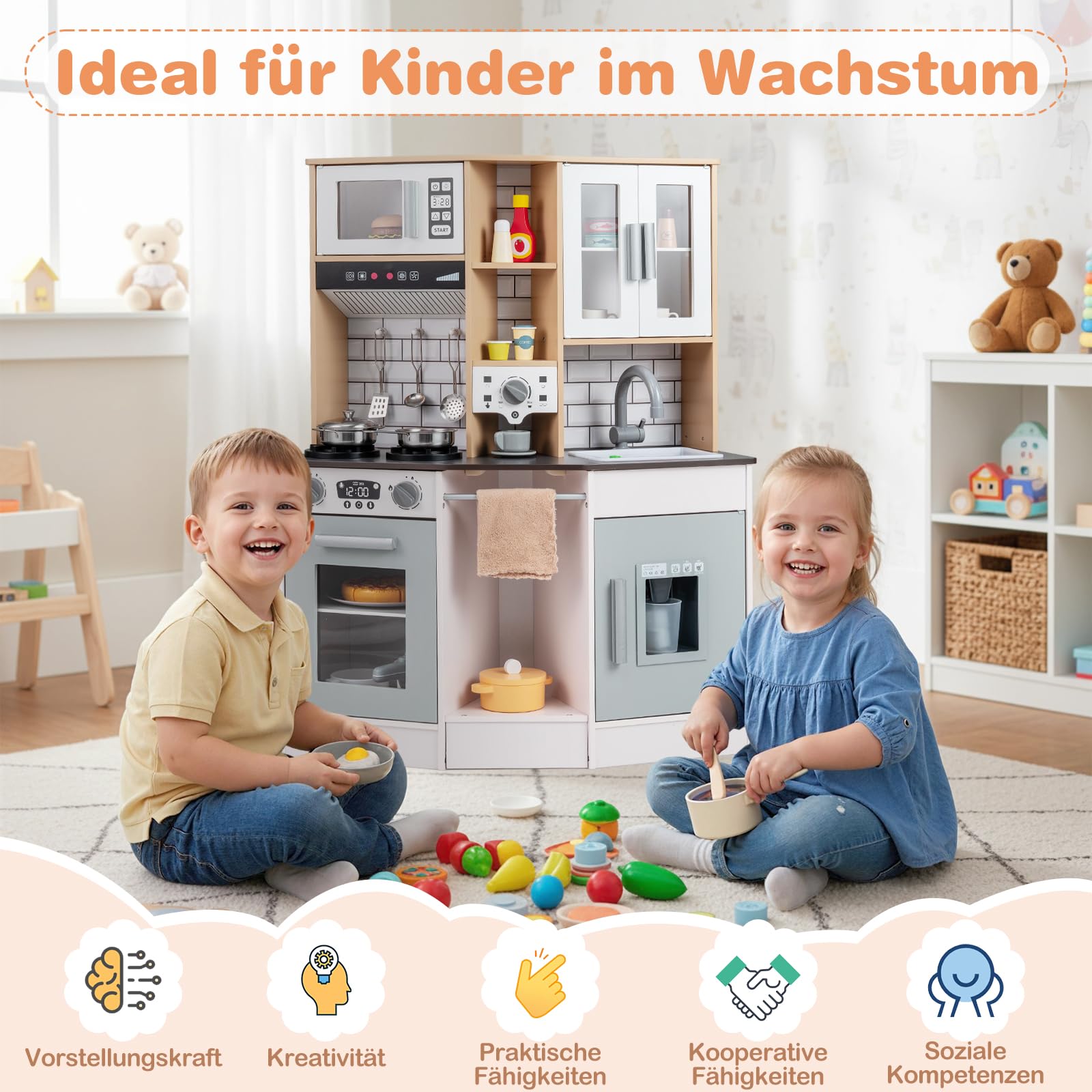 COSTWAY Kinderküche mit 10 TLG. Zubehör, Holz Spielküche mit Licht und Sound, Holzküche inkl. Herd, Spüle, Eismaschine, Kaffeemaschine, Mikrowelle & Ofen, Spielzeugküche für Kinder ab 3 Jahren (Grau)