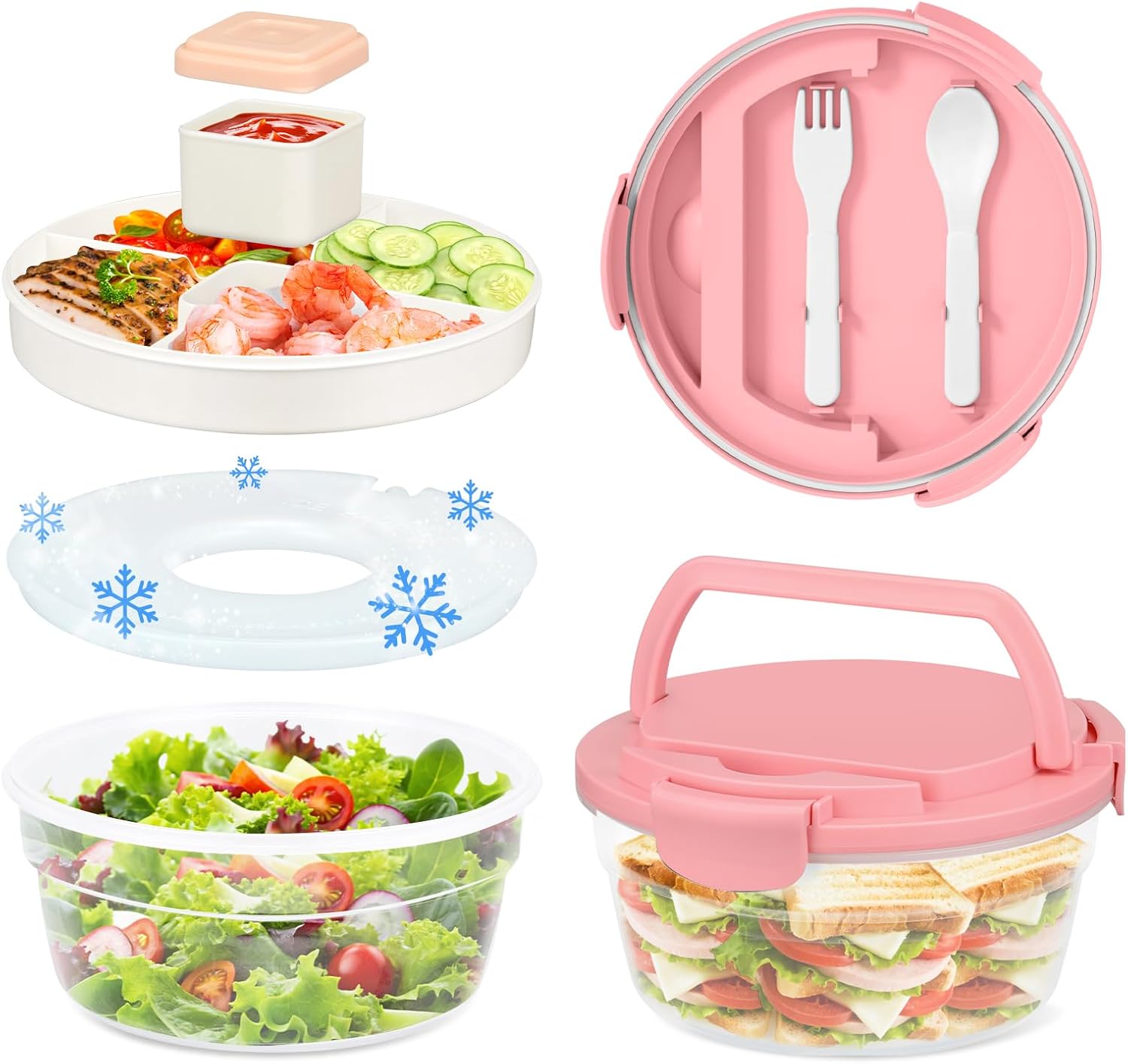 Salad Container for Lunch, Bento Lunch Box 58-oz with 4 Compartments Tray and Ice Pack, Leak-Proof Salad Bowl with Lid for Adults, BPA-Free Lunch Box for Meal Prep & Food Storage (Pink)